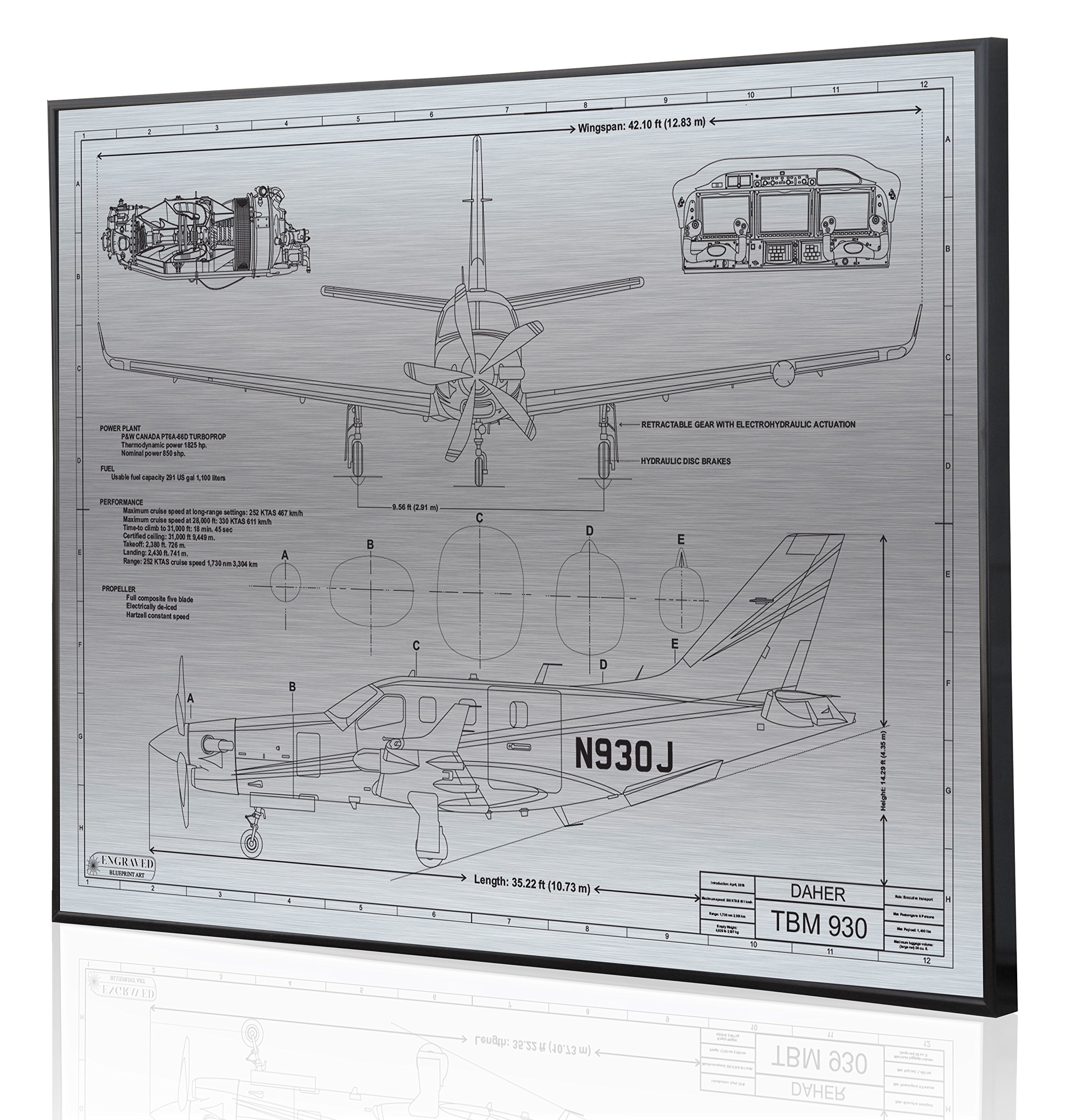 DAHR TBM-930 Blueprint Artwork - Laser Engraved & Customizable Aviation Wall Decor - Perfect Pilot Gift for Home Office, Man Cave & Flight School
