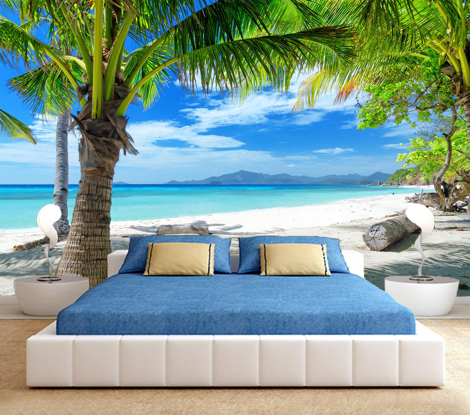 FLFK 3D Peel and Stick Wallpaper - Minimalist Green Tree on White Sand Beach Self-Adhesive Mural (78.7x59 inches) for Bedroom, Living Room, Nursery & Office Decor - Easy DIY Home Renovation & Accent Wall Design