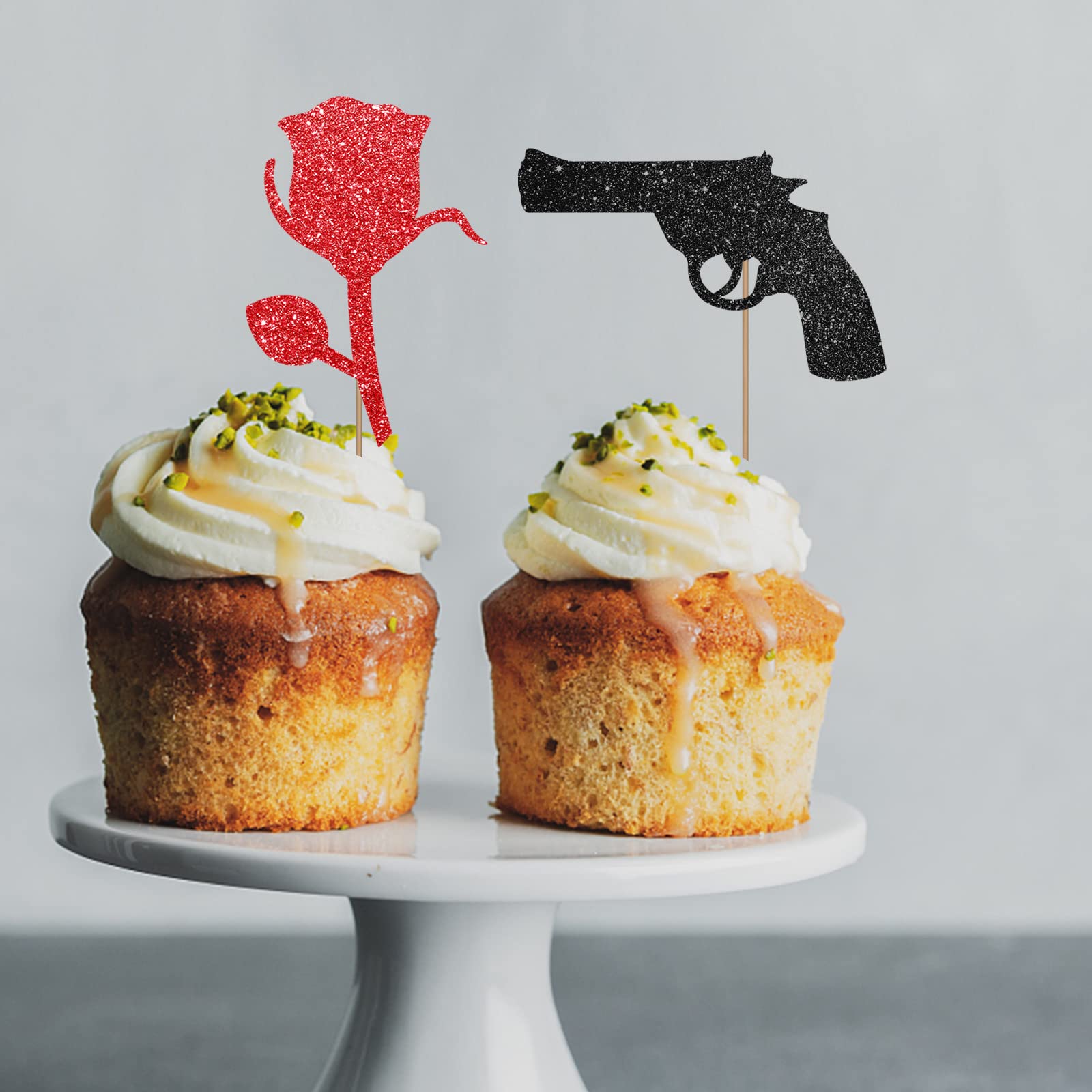 24PCS Guns or Roses Cupcake Toppers - Black & Red Glitter for Baby Showers & Gender Reveal Parties