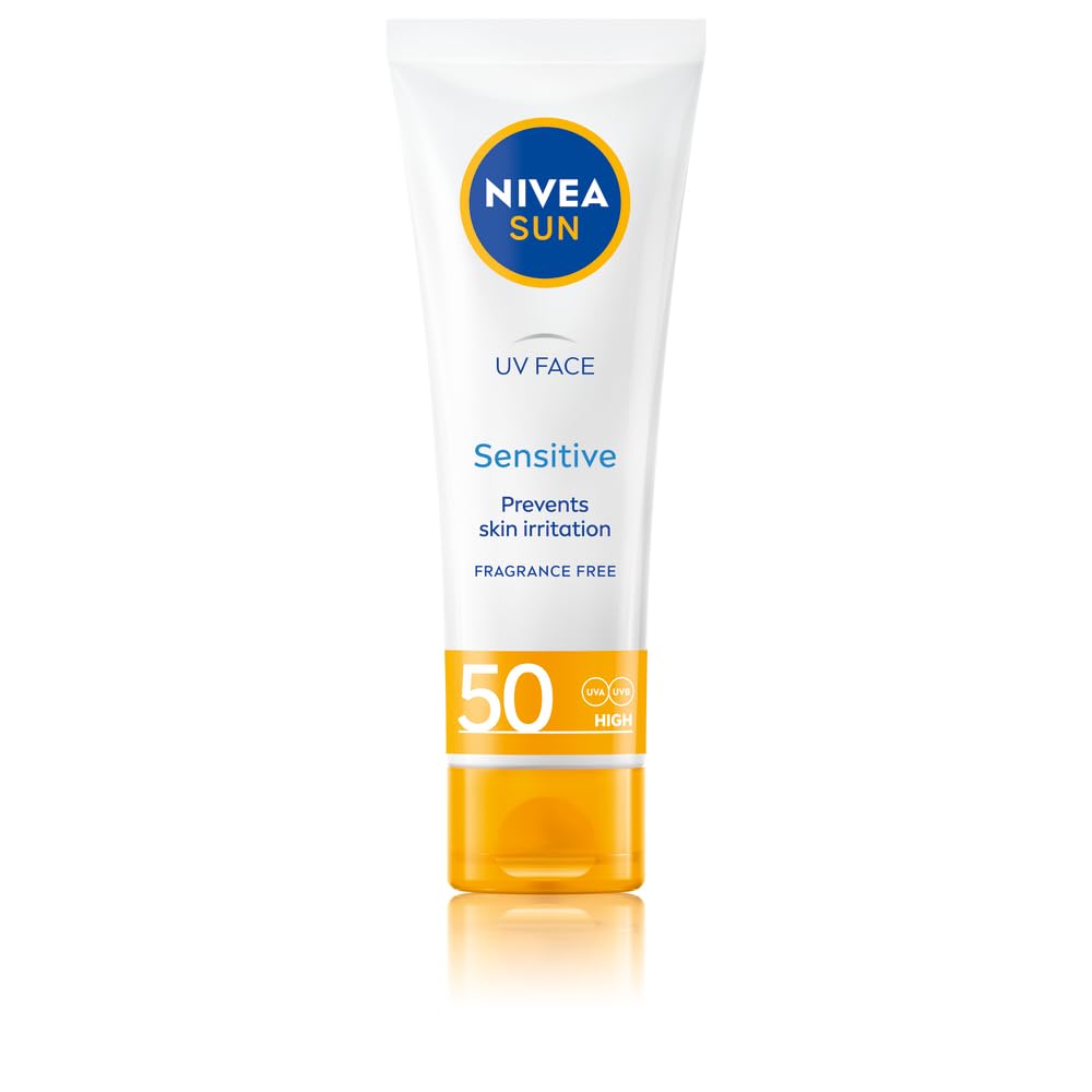 NIVEA Sun UV Face Sensitive SPF 50 Sunscreen Cream (50ml) - UVA/UVB Protection for Sensitive Skin, Anti-Aging & Moisturizing - Ideal for Daily Use, Outdoor Activities & Travel
