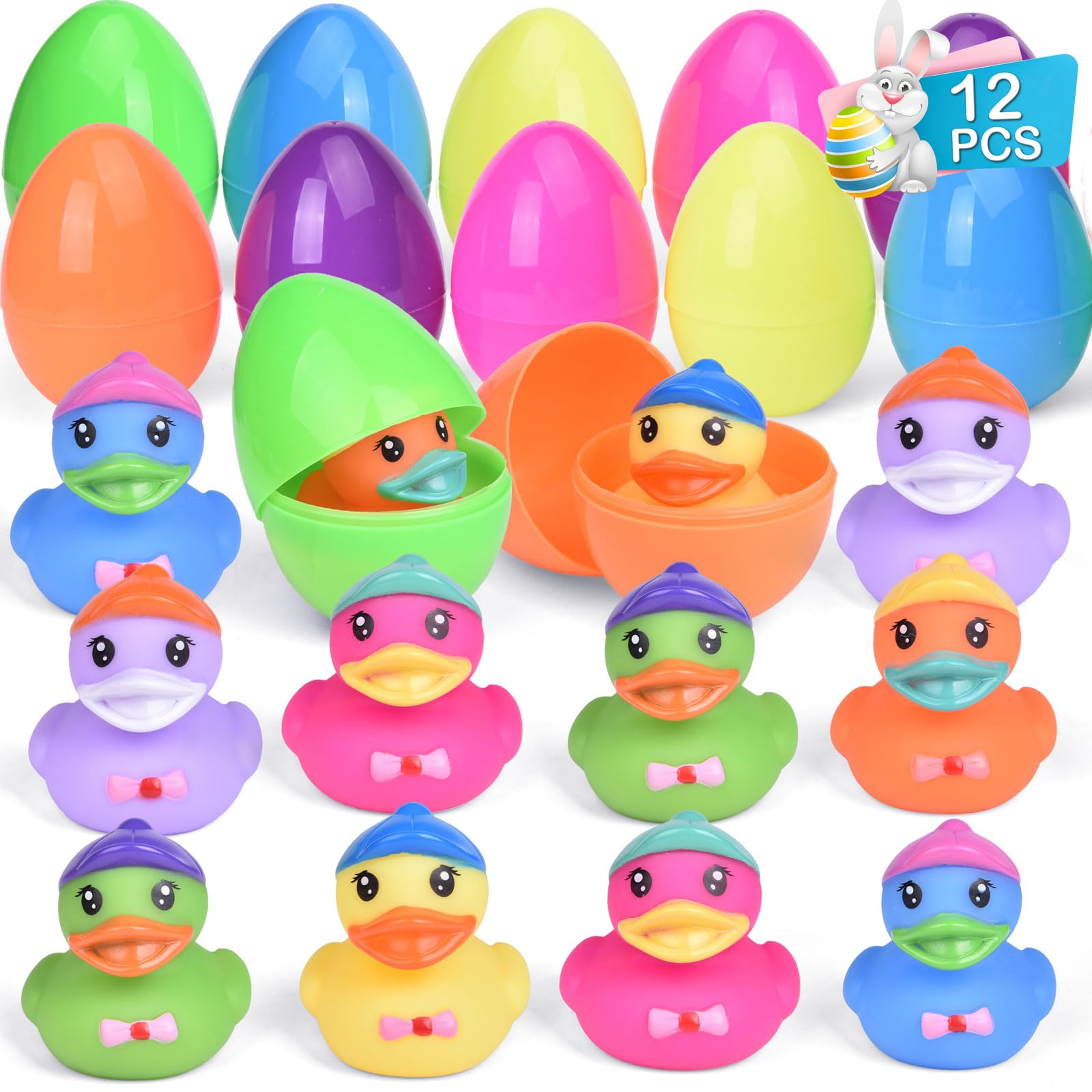 12-Piece Prefilled Easter Eggs with Rubber Duck Toys - Colorful Easter Party Favors for Kids, Fun Bath Toys & Easter Basket Stuffers - Perfect for Easter Egg Hunts, Birthday Parties & Holiday Gifts