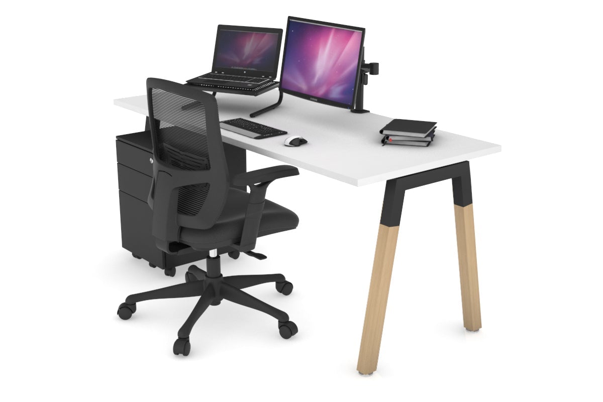 Quadro A Legs Office Desk with Wood Legs & Cross Beam [1600L x 700W] - Sturdy Workstation for Home Office, Study Room, or Commercial Spaces