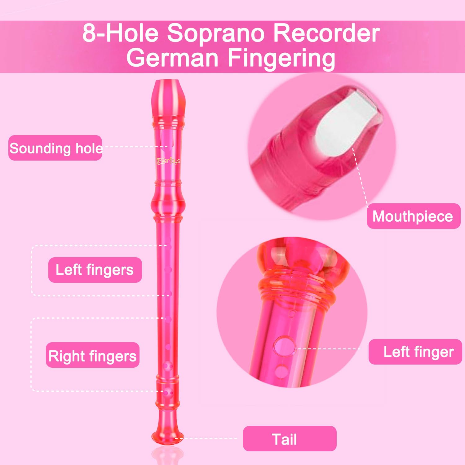 Everjoys Soprano Recorder for Beginners - German Style C Key 8 Hole Flute with Detachable 3-Piece ABS Body, Cleaning Rod, Carry Bag & Fingering Chart (Transparent Pink) - Perfect for School Music Classes, Home Practice & Student Band Performances