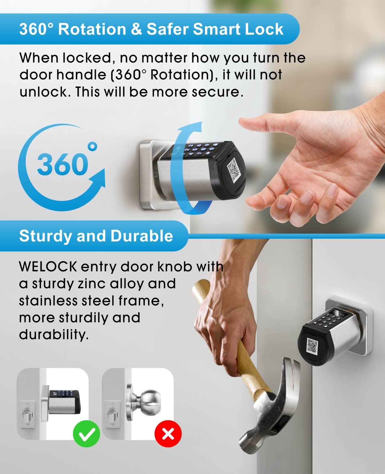 Welock Safer Keyless Entry Smart Door Lock - Bluetooth Enabled with Keypad, APP Control, IC Card & Mechanical Key - Easy Installation for Homes, Apartments, Offices & Garages (Silver) | Secure Access for Smart Homes & Rental Properties