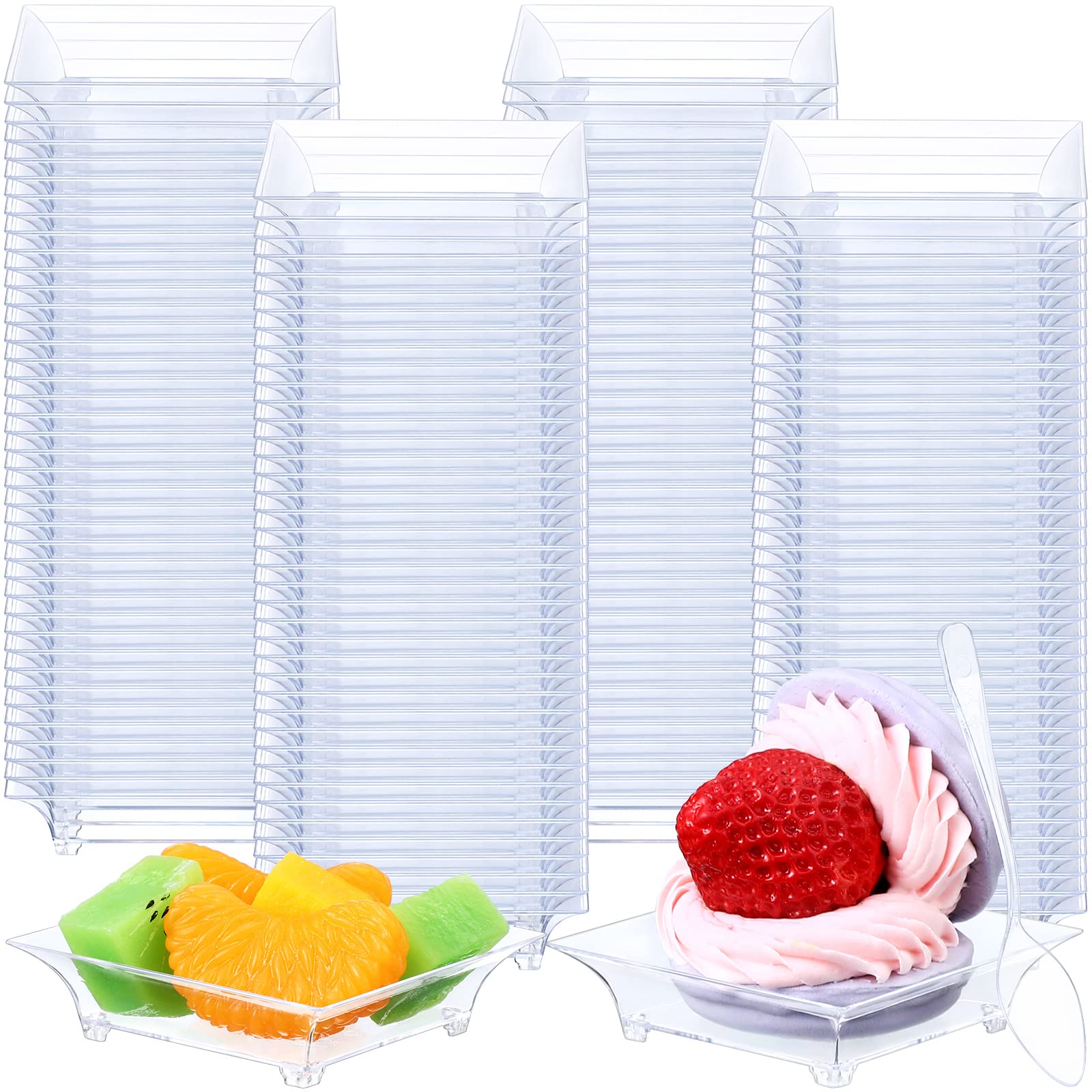 300-Piece Mini Dessert Plates Set with 300 Tasting Spoons - 1 oz Clear Disposable Plastic Appetizer Plates 2.4x2.4 Inch for Cake, Ice Cream, Fruit Salad - Perfect for Wedding Parties, Catering Events & Tastings