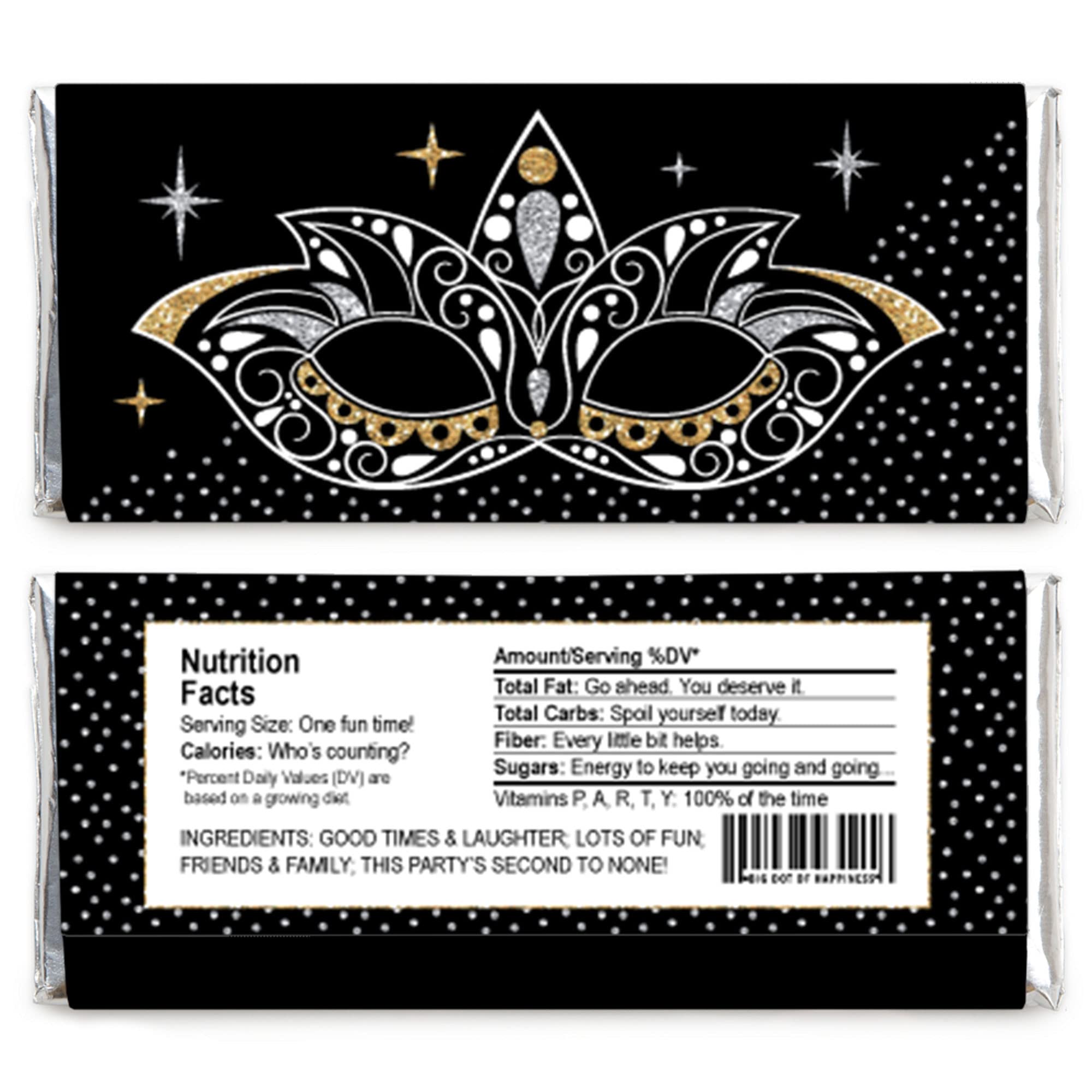 Big Dot of Happiness Masquerade Candy Bar Wrappers - Venetian Mask Design Party Favors (24 Count) - Perfect for Carnival, Mardi Gras & Halloween Costume Parties