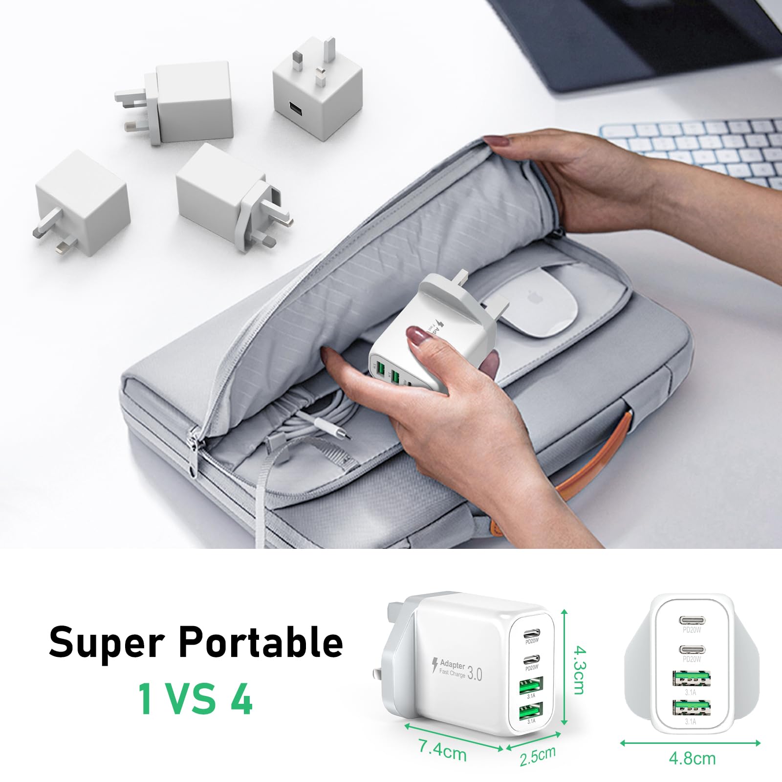 40W 4-Port USB C Fast Charger with PD & QC - Multi Port Wall Charger for iPhone 15 Pro Max/Plus, 14 Pro Max, 13, 12, 11, XS, iPad, AirPods, Samsung S23 Ultra/S22, Google Pixel - Perfect for Home, Office & Travel Charging