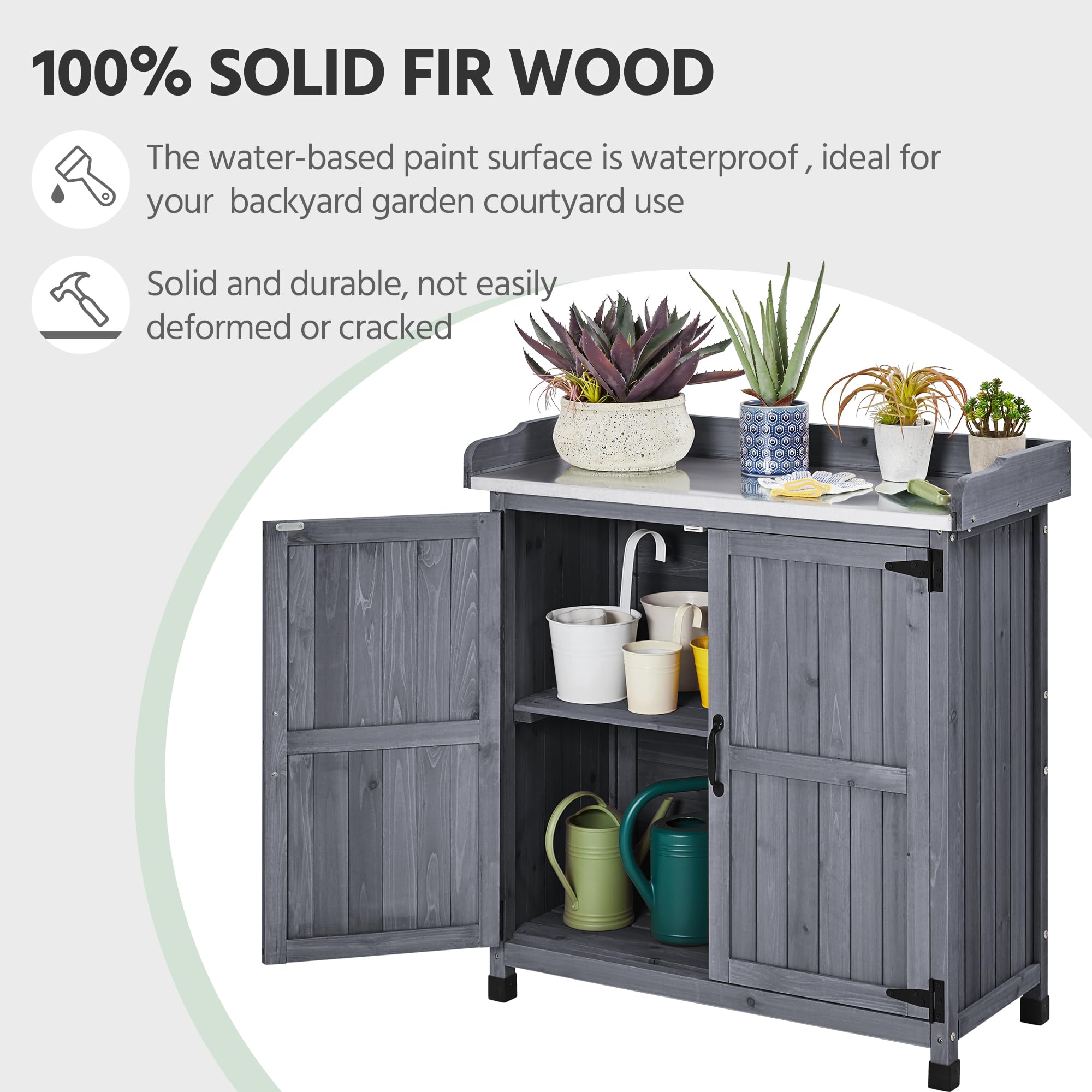 Yaheetech Outdoor Garden Potting Bench Table - Solid Wood Planting Workbench with Large Storage Space & Metal-Plated Tabletop - Gray - Perfect for Gardening, Planting, and Organizing Tools (Indoor/Outdoor Use)