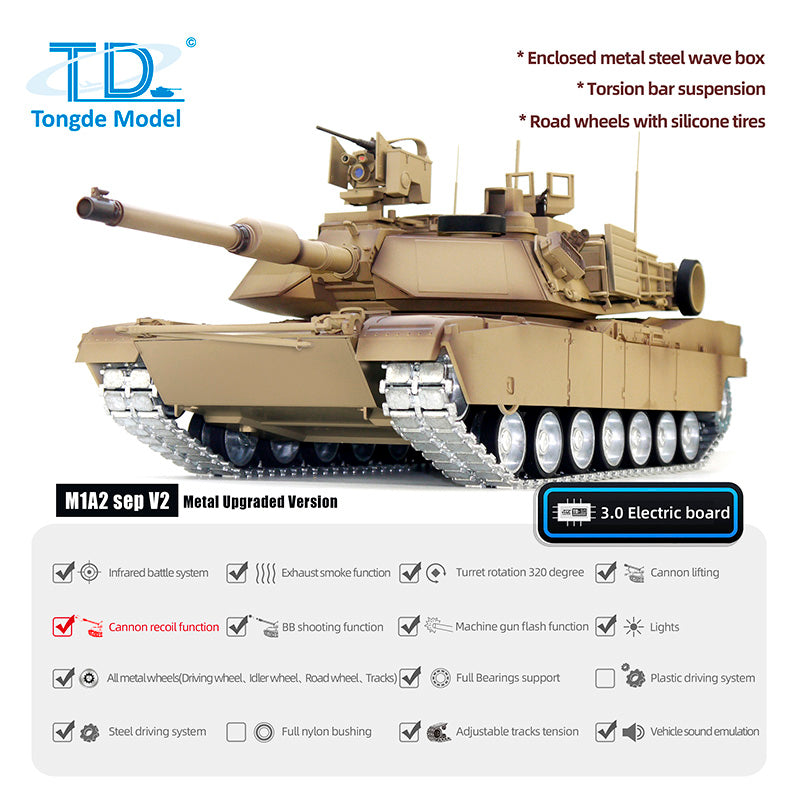 1/16 Scale Tongde RC Infrared Battle Tank - Radio Controlled Panzer M1A2 Abrams SEP V2 Electric Military Tank with 320° Rotation, Barrel Recoil & BB Unit - Realistic Simulation Model for War Games, Collectors & Battle Scenes