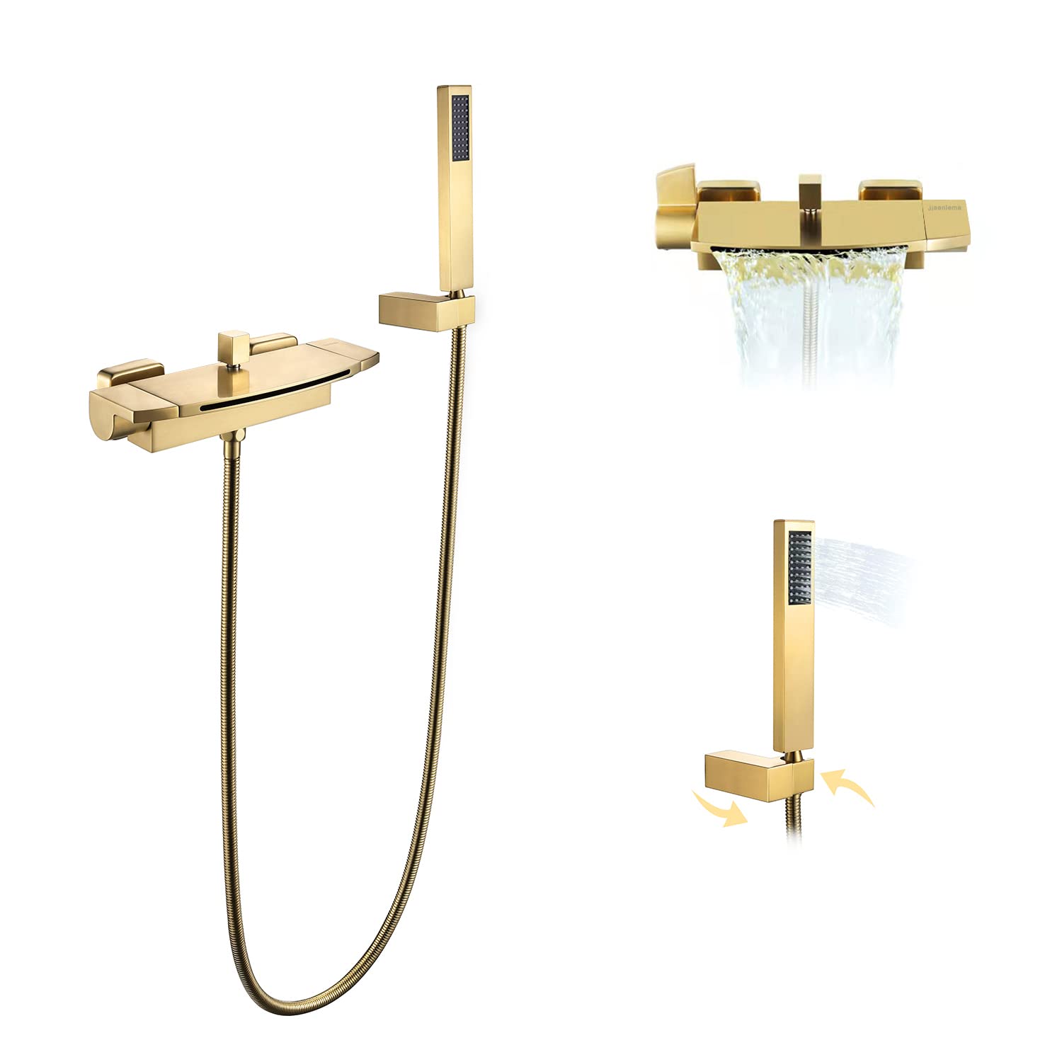 Modern Brushed Gold Wall Mount Waterfall Bathtub Faucet with Handheld Shower - 2 Handle Solid Brass Tub Filler with Diverter - High Flow 3 Hole Wide Spout for Luxurious Bathing Experience - Perfect for Spa-Like Bathrooms and Relaxing Soaks