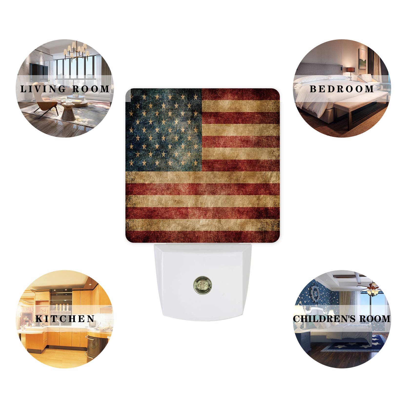 Retro American Flag LED Night Light Plug - Auto Sensor Bedroom Nightlight for Nursery, Kids Room, Boys & Girls | Perfect for Bedrooms, Hallways & Nurseries
