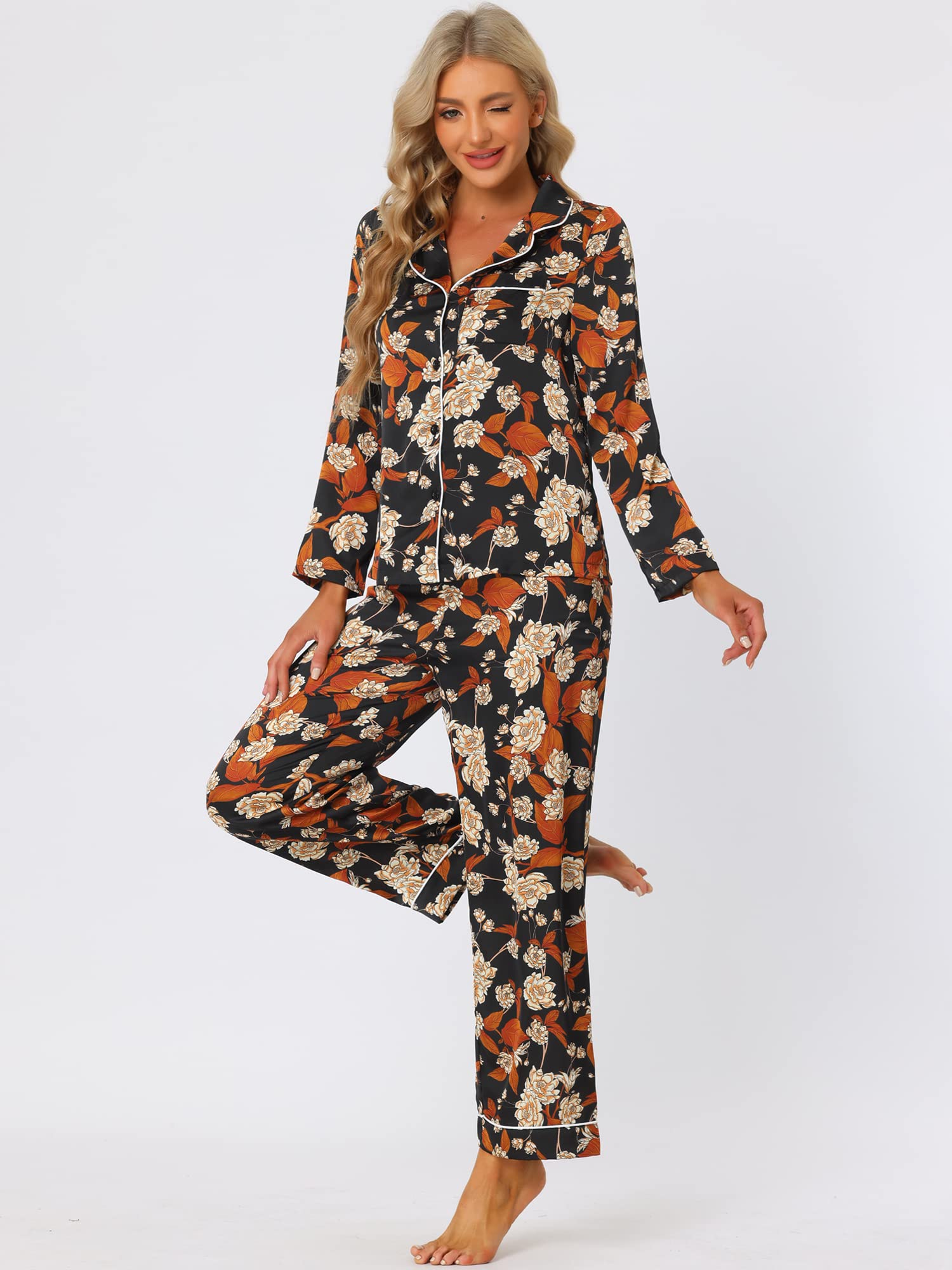 Cheibear Women's Satin Pajama Set - Long Sleeve Button Down Top & Pants Floral Print Sleepwear - Cozy Lounge Wear for Relaxing at Home or Travel
