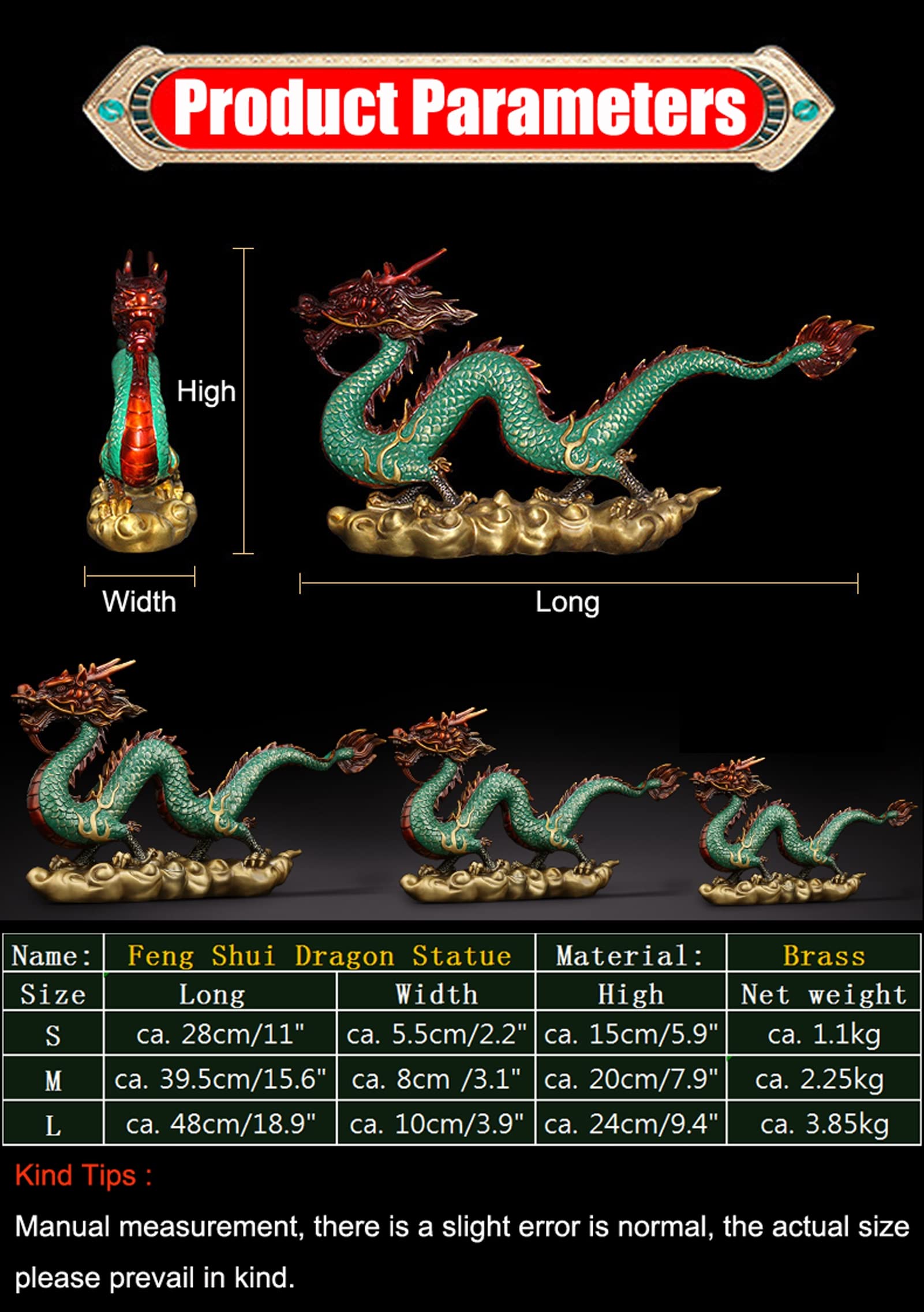 Feng Shui Dragon Statue for Good Luck & Success - Brass Zodiac Dragon Sculpture Home Office Decor - Chinese Dragon Figurine Tabletop Ornament - Perfect Gift for Housewarming, Office Desk & Wealth Attraction