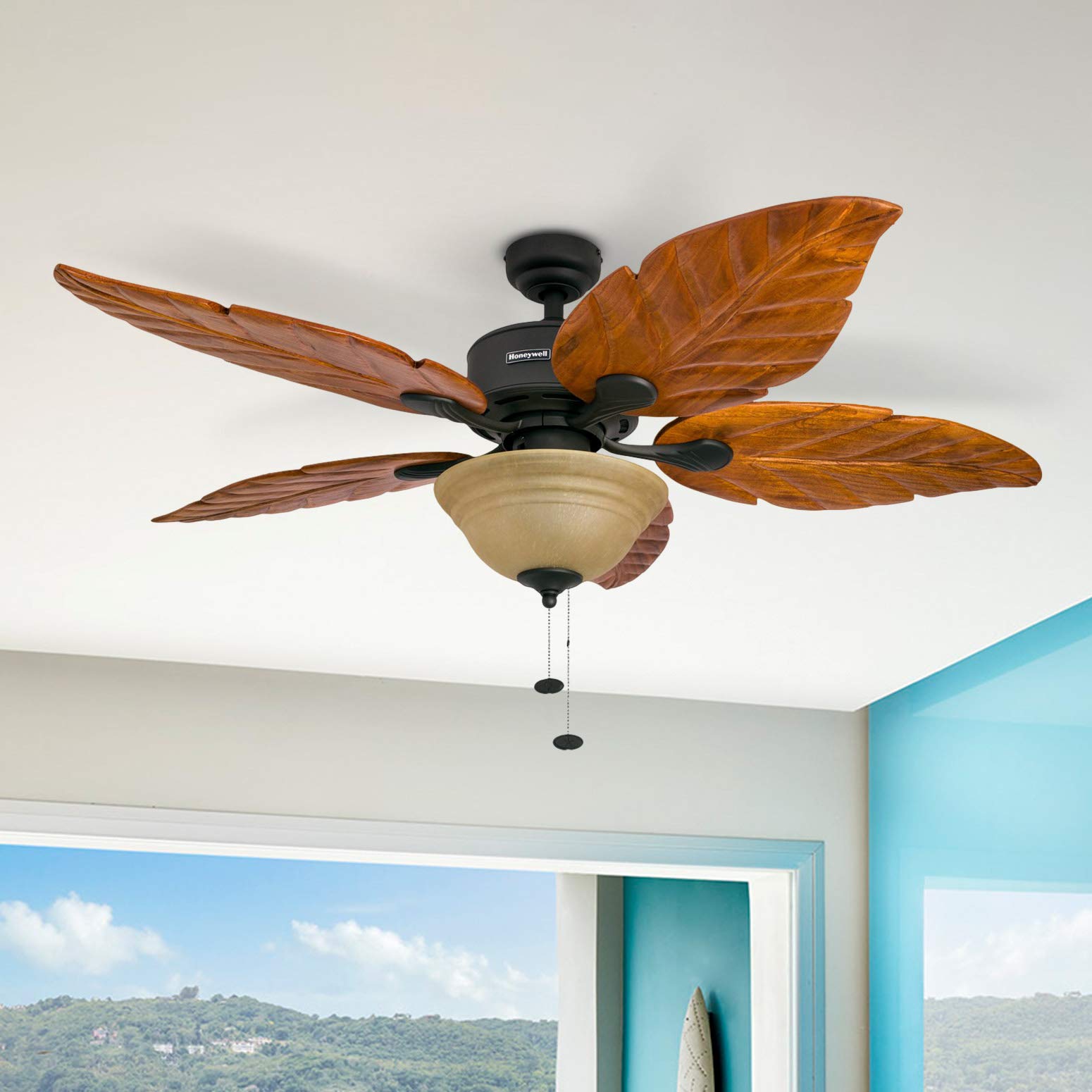 Honeywell 52 Inch Royal Palm Tropical Ceiling Fan with LED Light, Pull Chain, 3 Mounting Options & Hand Carved Solid Wood Blades - Indoor/Outdoor Use for Bedroom, Living Room, Patio (Bronze, Model 50204-01)