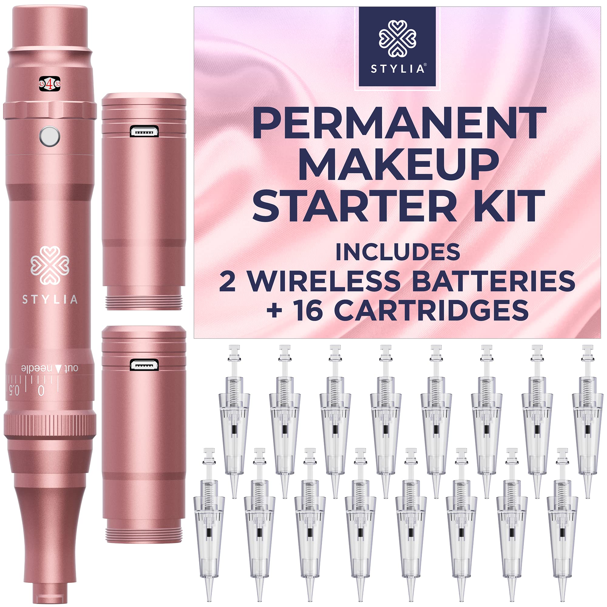 Stylia Permanent Makeup Machine Kit - Wireless Tattoo Pen with 2 Rechargeable Batteries, Power Adapter & 16 Needle Cartridges - Professional Microblading & Cosmetic Tattoo Supplies - Low Noise High Speed Motor - Perfect for Eyebrows, Eyeliner & Lip Blushing