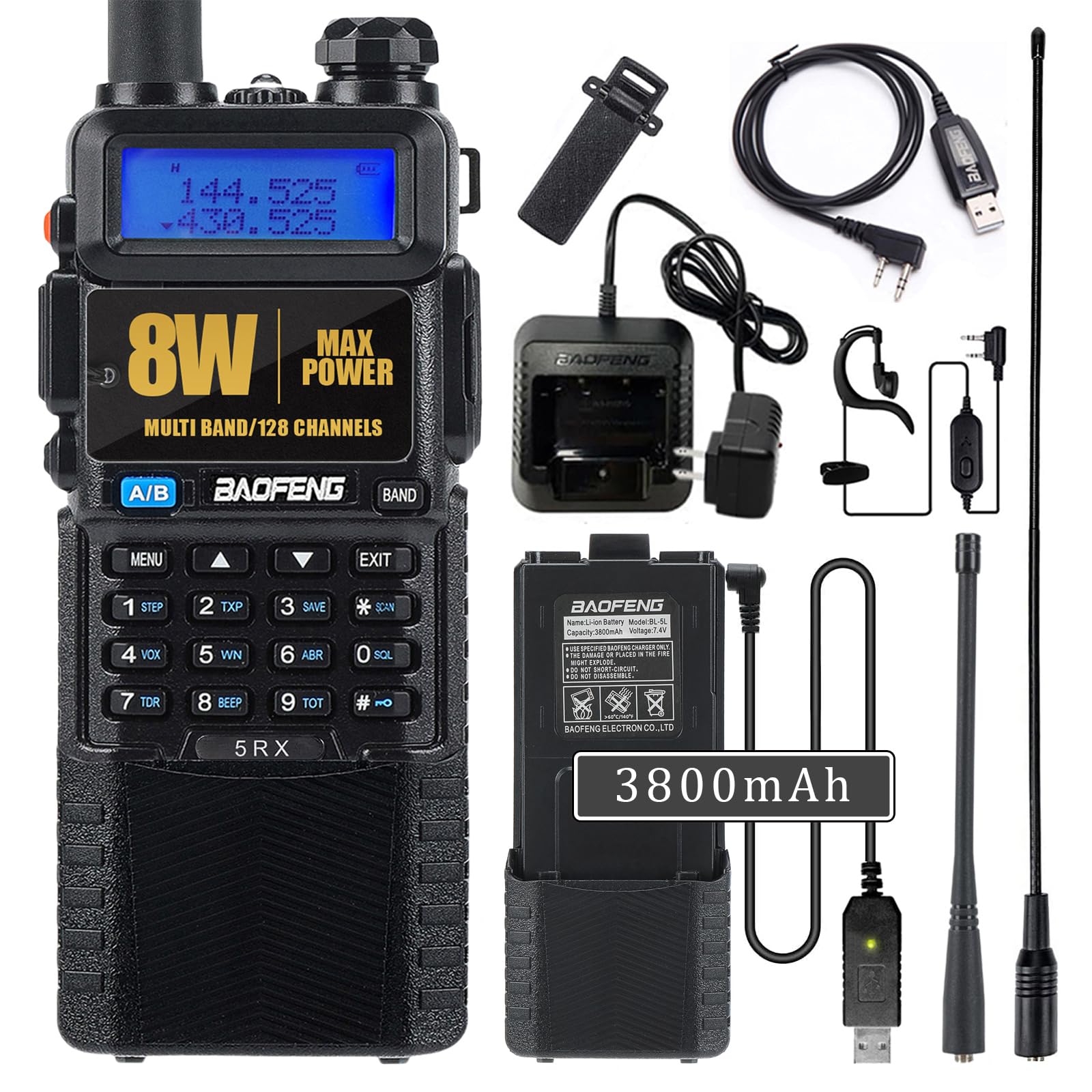 BAOFENG UV-5RX 8W Dual Band Walkie Talkies (144-148MHz & 430-450MHz) - Upgraded Ham Radio with 3800mAh Rechargeable Battery & Earpiece - Ideal for Outdoor Adventures, Construction Sites, and Emergency Communication
