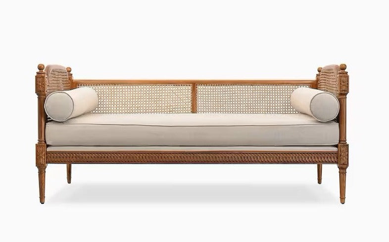 Hand Carved Solid Wood Rattan Canning Daybed Sofa - Rustic Outdoor Patio Furniture for Relaxing in Garden, Porch or Poolside