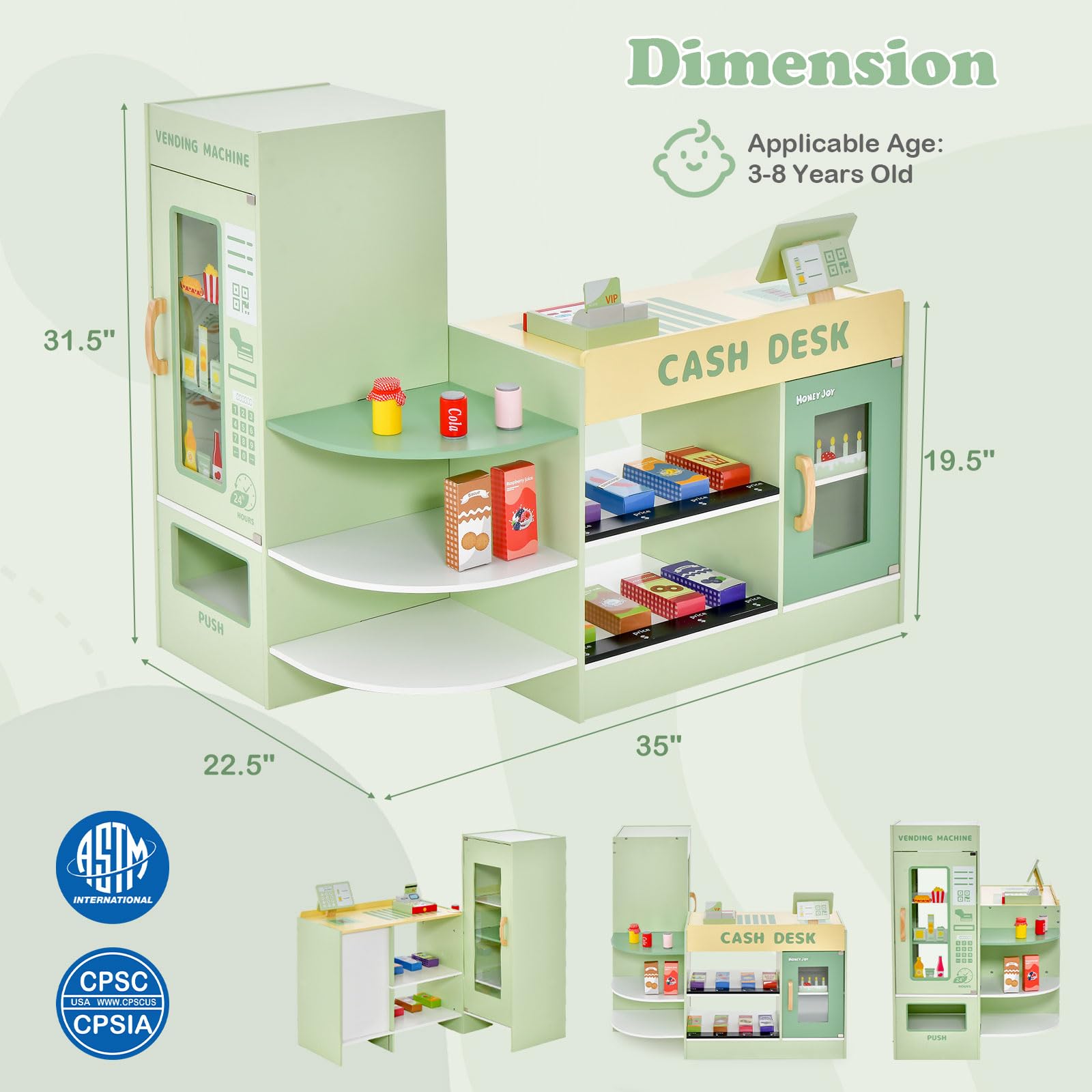 HONEY JOY Wooden Supermarket Playset for Kids - Pretend Play Grocery Store Toy with Cash Register, Vending Machine, Blackboard & Checkout Counter - Educational Role Play Toy for Toddler Boys & Girls (Green) | Perfect for Home, Classroom & Daycare Pretend Play Activities