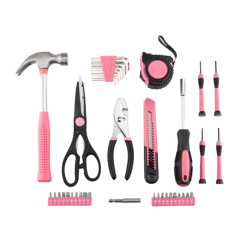39-Piece Household Tool Kit Set with Plastic Storage Case - Pink - Essential Hand Tools for Homeowners, DIYers & Handymen - Perfect for Home Repairs, Maintenance & DIY Projects