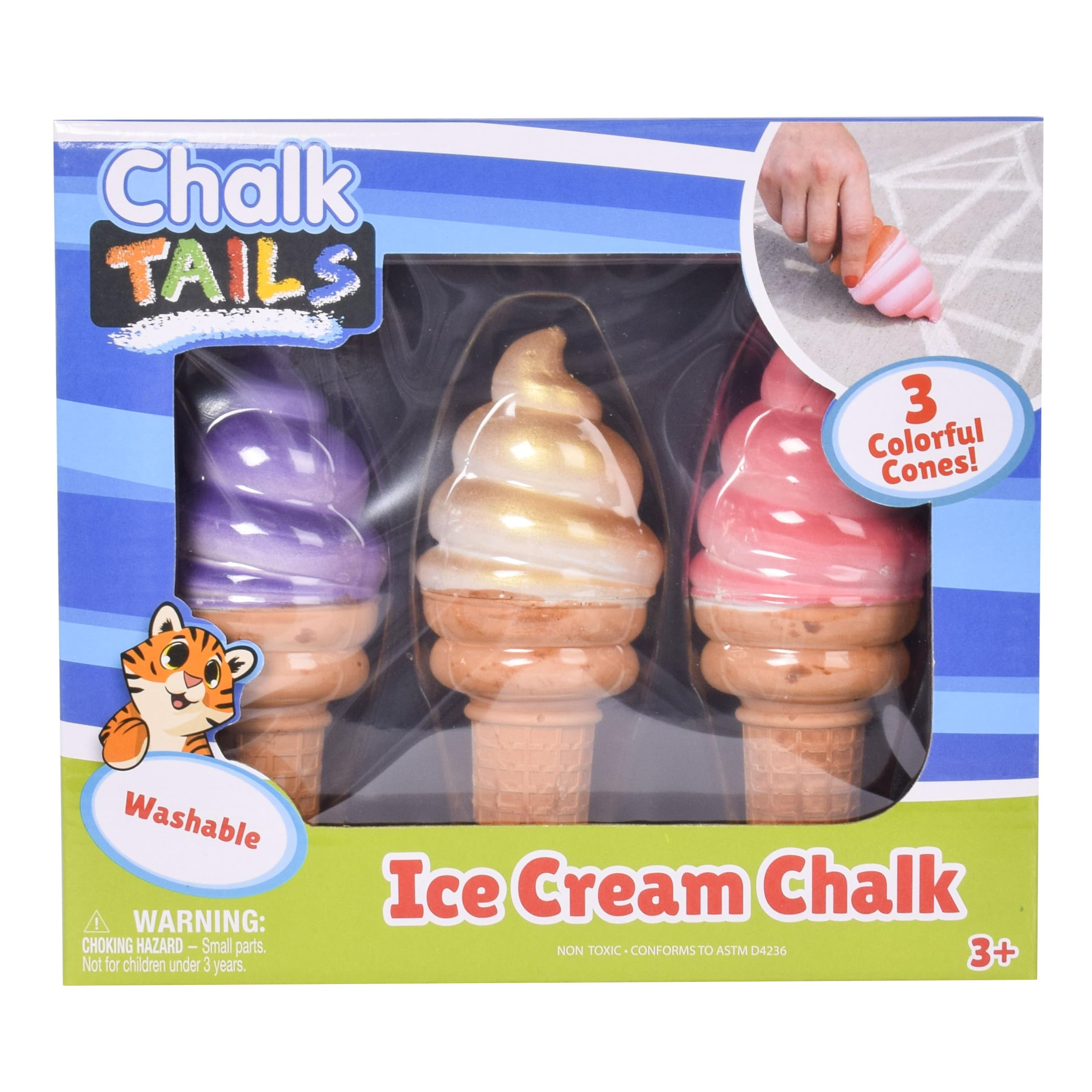 Sunny Days Jumbo Sidewalk Chalk Set - 3 Piece Washable & Non-Toxic Ice Cream Chalk for Kids Ages 3+ | Outdoor Art, Birthday Gifts & Summer Activities
