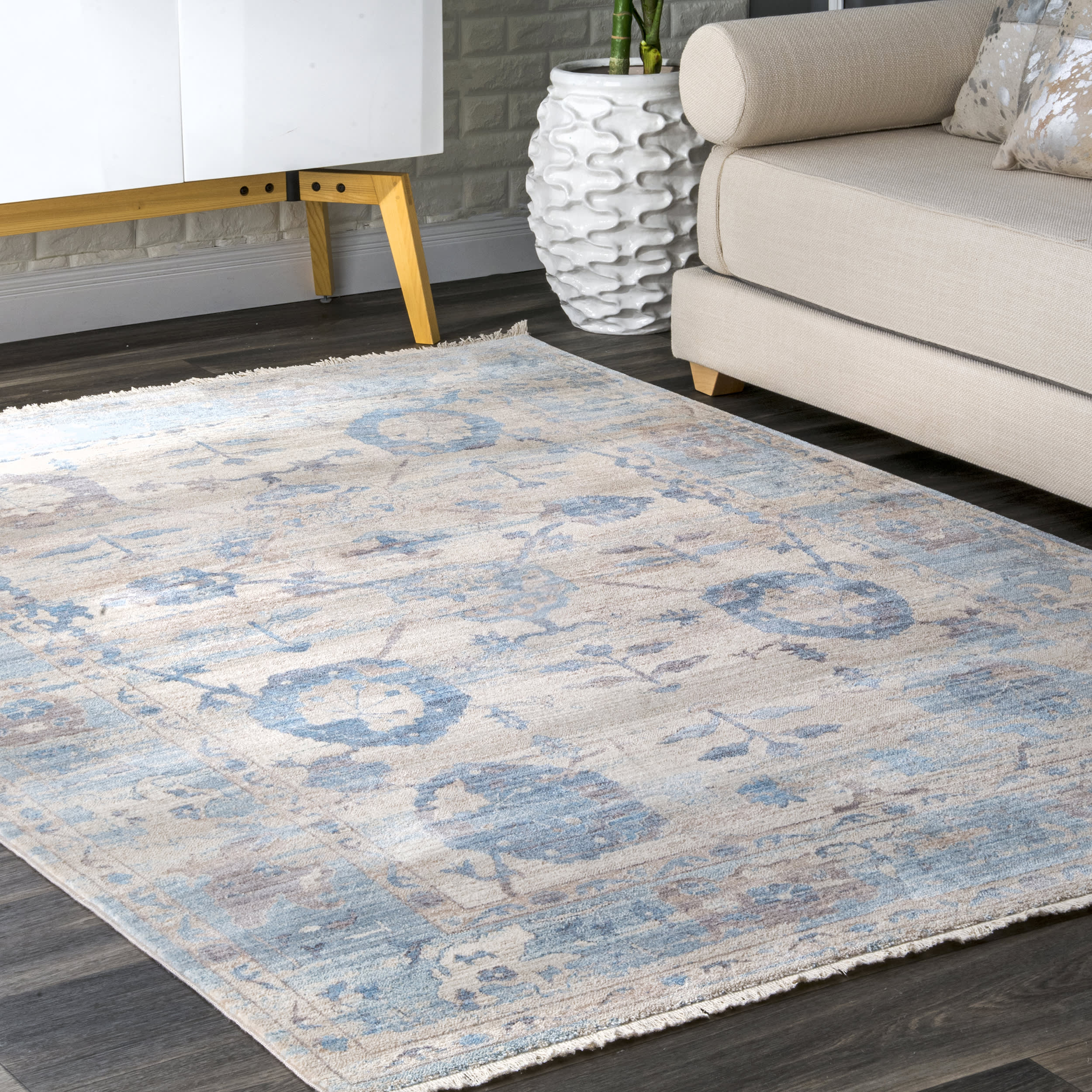 Distressed Foliage Area Rug - Light Blue Bohemian Style Handmade Vintage Rug for Living Room, Bedroom, Nursery & Boho Home Decor