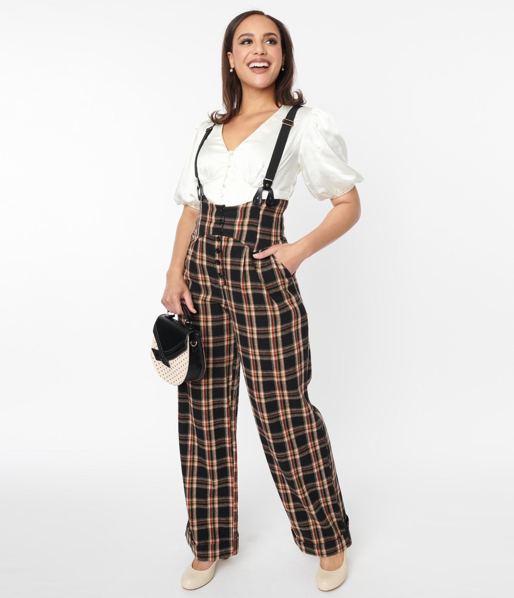 Vintage 1930s Thelma High Waisted Suspender Pants in Black & Auburn Plaid - Retro Fashion for Women, Perfect for Cosplay, Steampunk Outfits, and Vintage-Themed Parties