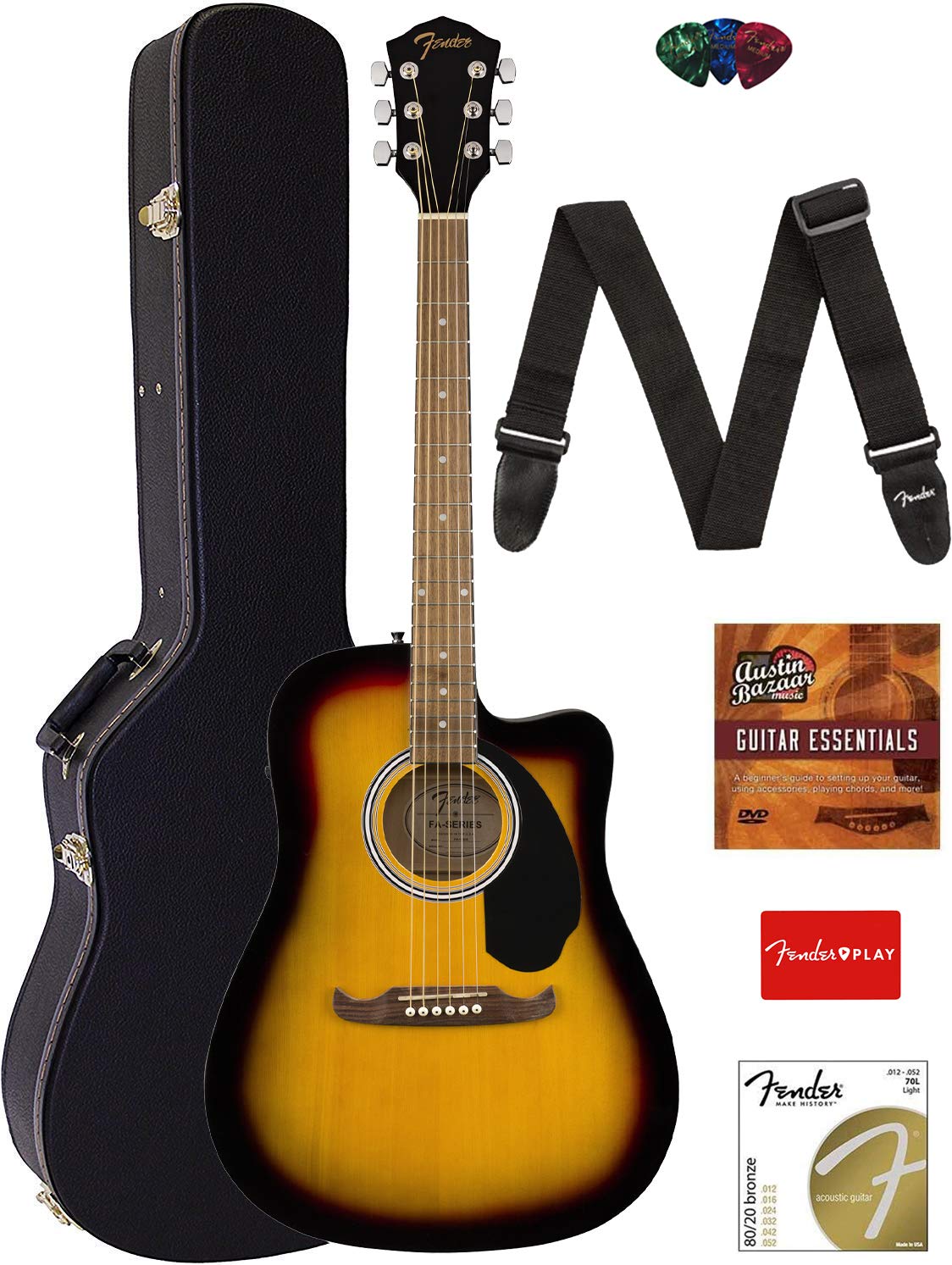 Fender FA-125CE Dreadnought Cutaway Acoustic-Electric Guitar Sunburst Bundle with Hard Case, Strap, Strings, Picks & Online Lessons - Perfect for Beginners, Live Performances & Home Practice