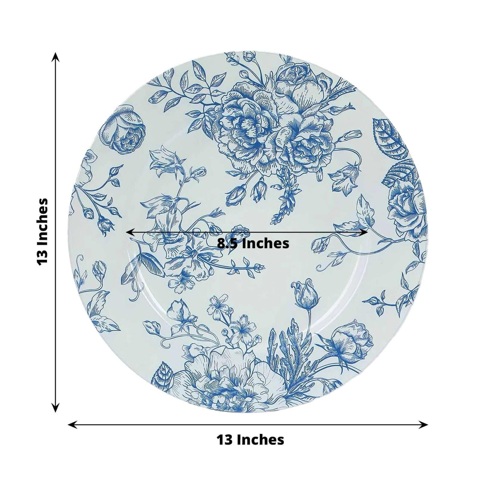 Efavormart 6 Pack White Blue Floral Acrylic Charger Plates - French Toile Pattern Round Dinner Plates for Wedding, Party & Holiday Decor - 13 Inch Elegant Table Setting Chargers