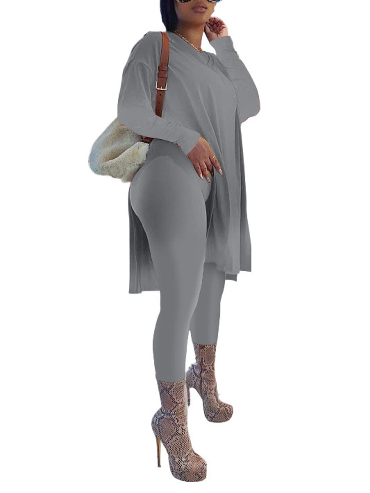 QFMQKPI Women's Casual 2-Piece Outfit - V-Neck Side Split Top & Shorts Set | Summer Tracksuit for Lounge, Yoga & Running | Comfortable Athleisure Wear