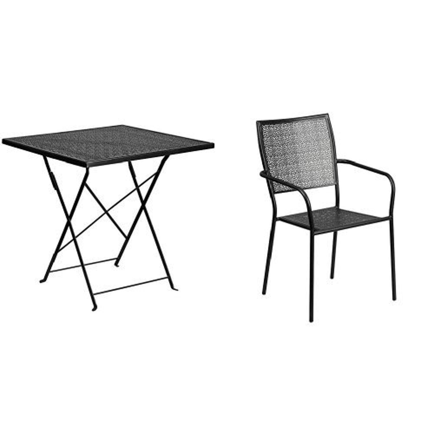 Flash Furniture 28'' Square Black Indoor-Outdoor Steel Folding Patio Table Set with 2 Chairs - Durable & Weather-Resistant for Backyard, Garden, and Poolside Dining