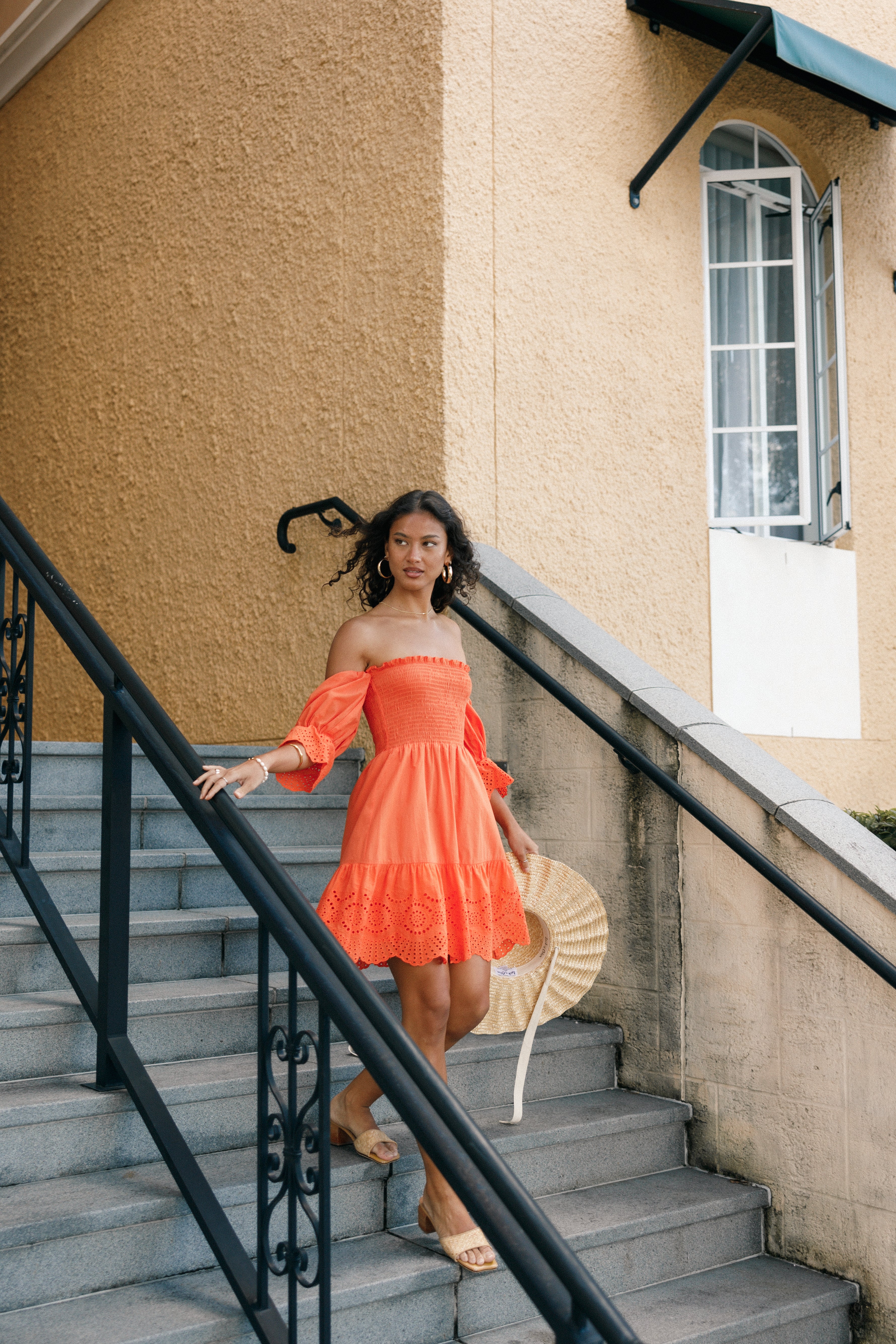 Aniston Women's Off Shoulder Mini Dress - Orange Floral Summer Party Dress for Beach, Vacation & Date Night