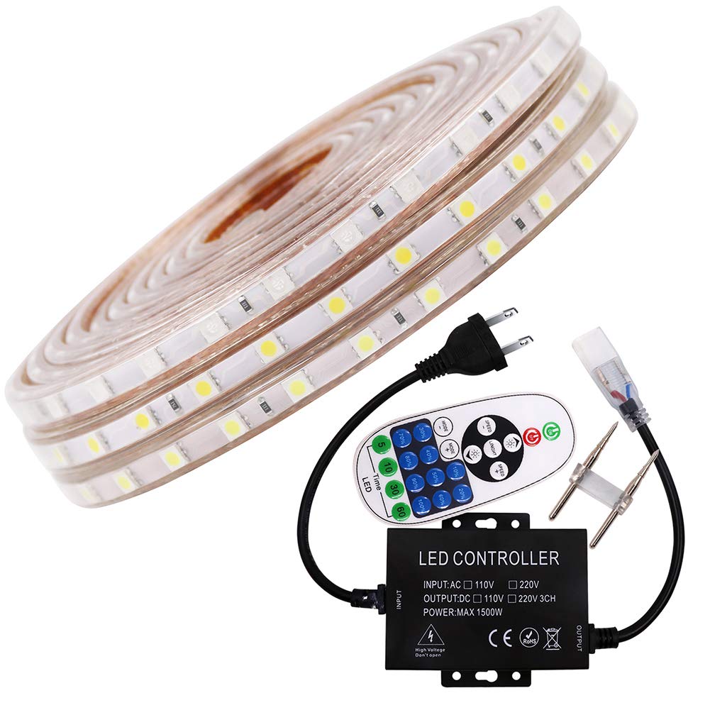 XUNATA 50ft Flexible LED Strip Lights - Dimmable Waterproof 5050 SMD Rope Light with Remote, 60 LEDs/M, 110-120V AC - Perfect for Party Decor, Home Lighting, Bedroom, Kitchen & Outdoor Use (Blue)
