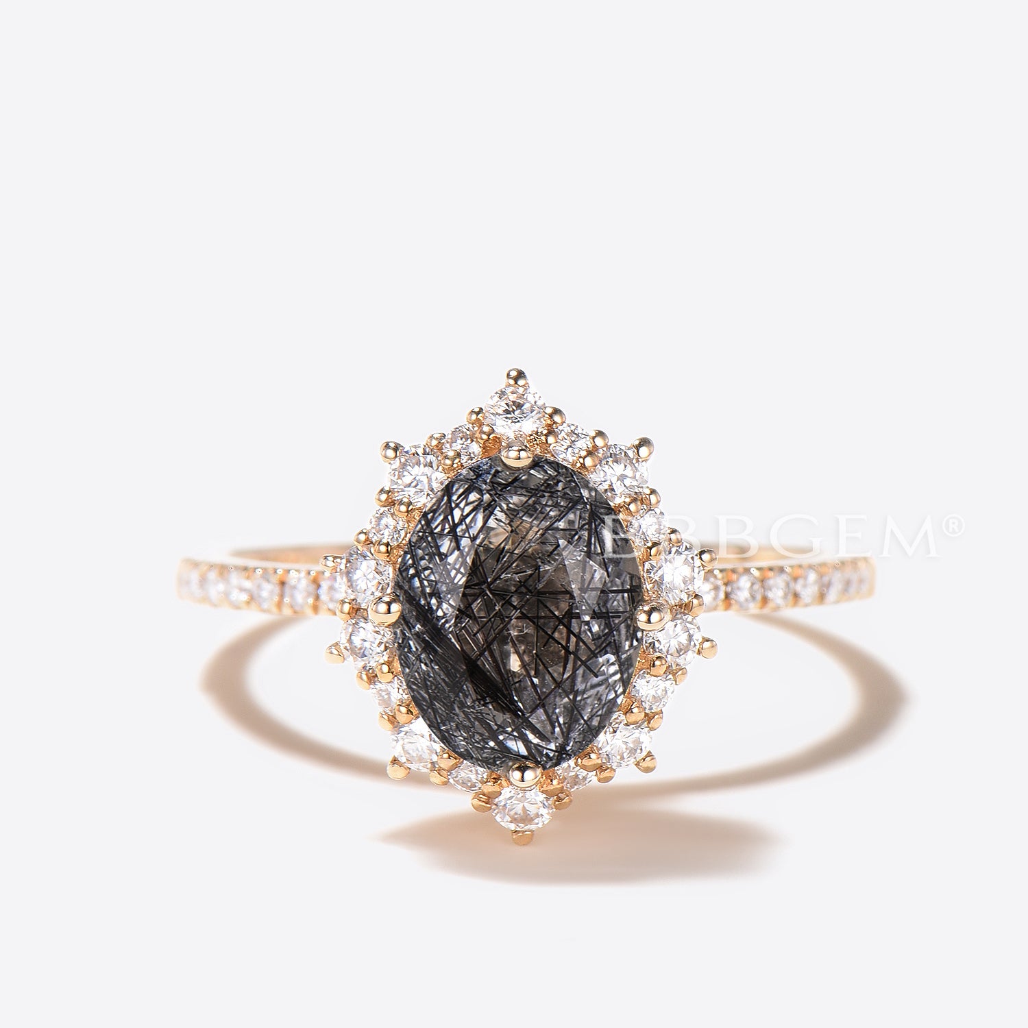 Natural Black Rutilated Quartz Oval Cut Halo Diamond Engagement Ring - Perfect for Proposals, Anniversaries & Special Occasions