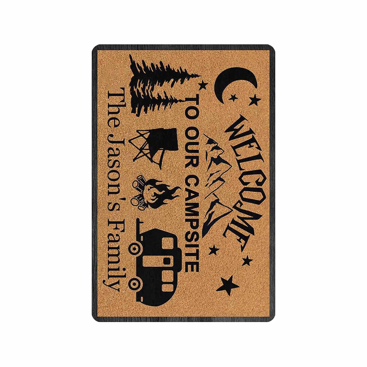 Custom Personalized Camping Doormat - Welcome to Our Campsite with Mountain Tree Design | Non-Slip Indoor/Outdoor Entrance Mat 24x16 Inch | Perfect for RV, Cabin, Tent & Home Decor