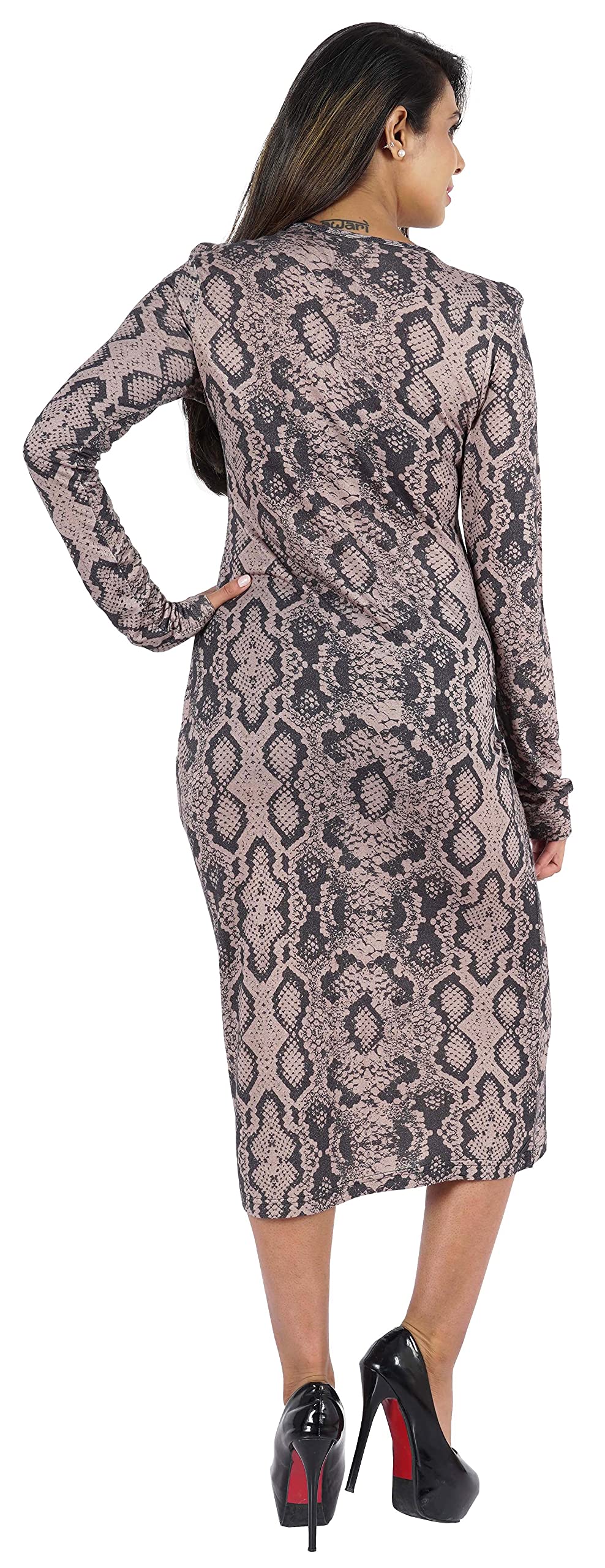 Bimba Women's Printed Long Bodycon Dress with Pockets - Full Sleeve Midi Dress for Casual Wear, Party & Office Outfits