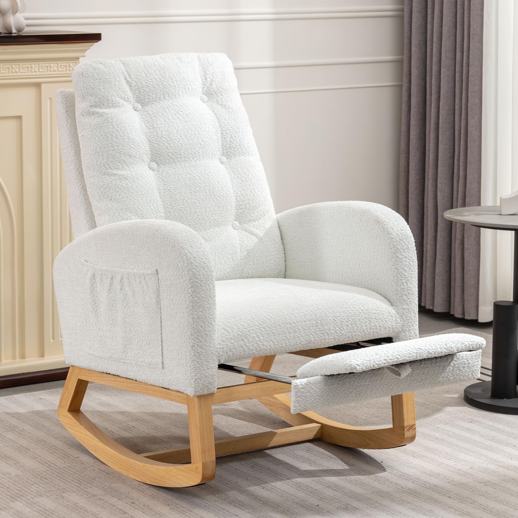 Comfortable Nursery Rocking Chair with Retractable Footrest - Glider Rocker Accent Chair with Padded Seat & High Backrest - Perfect for Living Room, Bedroom, Office & Nursery (White) - Ideal for Nursing, Relaxing & Reading