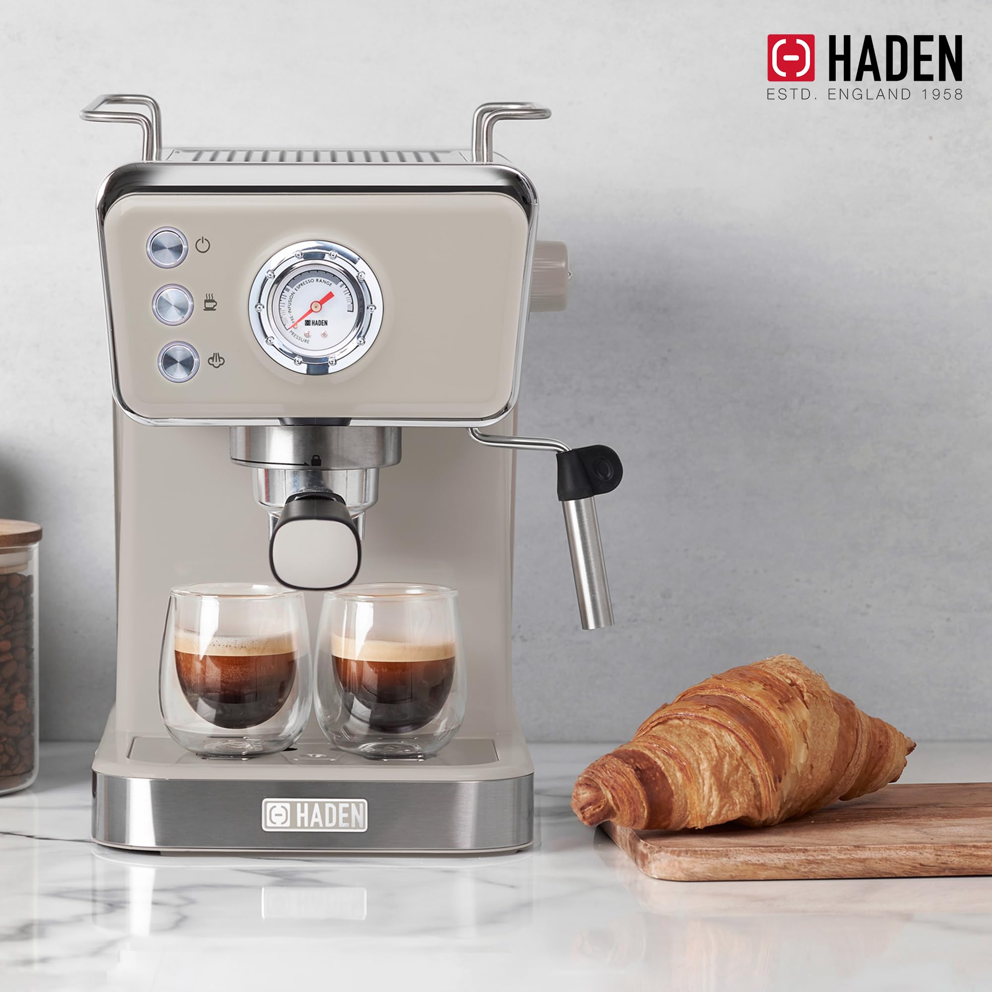 HADEN Barista Brew Espresso Coffee Machine - Stainless Steel Espresso Maker with Milk Frother, Steamer & 1.5L Water Tank (Putty & Copper) - Perfect for Home Baristas, Coffee Shops & Office Break Rooms