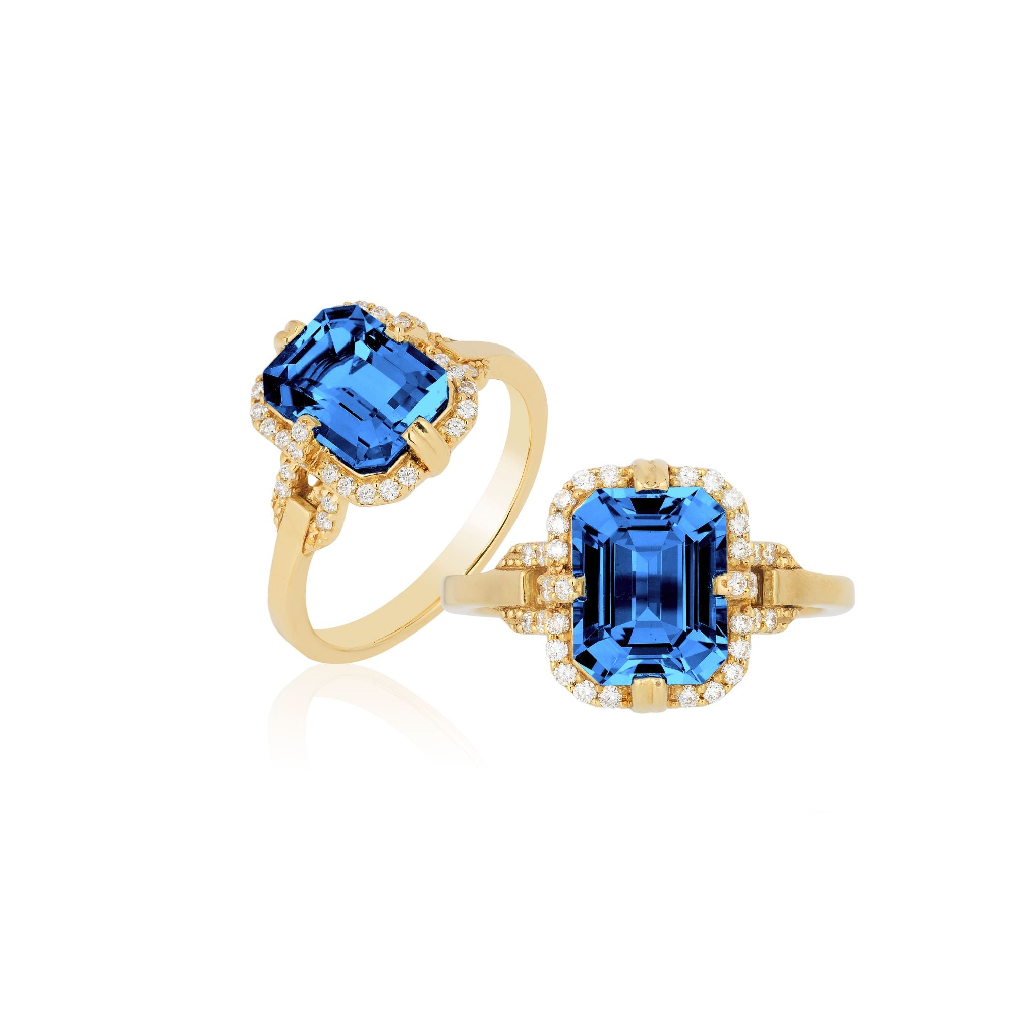 Goshwara 18K Gold Emerald Cut London Blue Topaz & Diamond Ring for Women - Elegant Jewelry Gift for Engagement, Wedding, Anniversary & Special Occasions