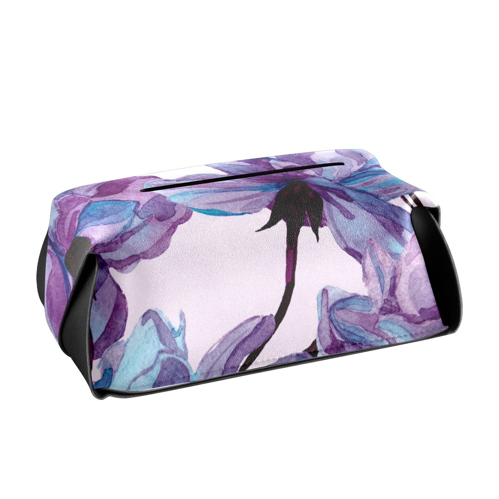 Purple Floral Leather Tissue Box Cover with Handle - Watercolor Rose Seamless Pattern, 9.4x5.1x3.6 inches - Perfect for Bathroom, Home Nightstand, Vanity Countertop, Office Desk & Car Decor