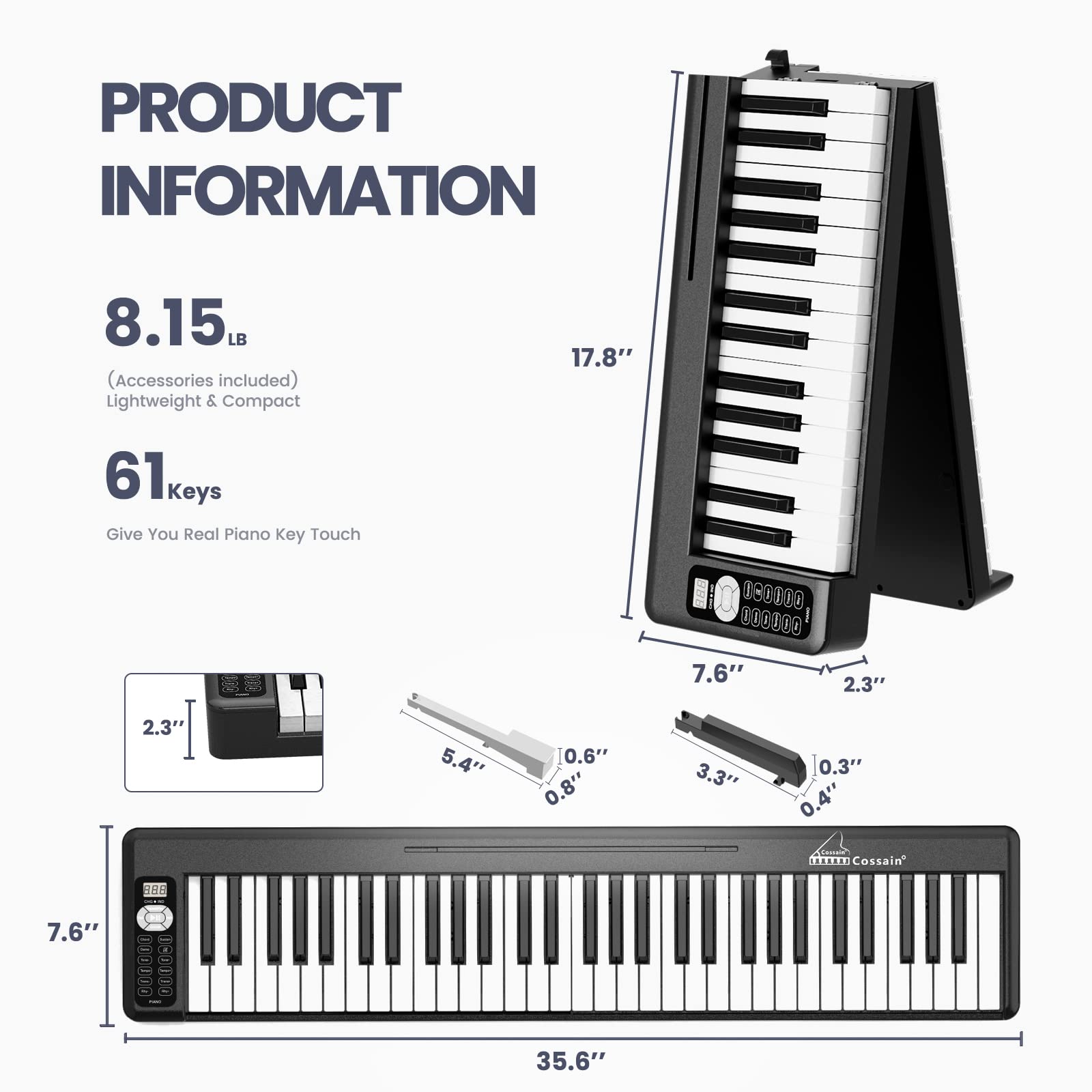 61-Key Folding Digital Piano with Light-Up Keys, Semi-Weighted Bluetooth MIDI Keyboard - Portable Piano for Beginners, Teens & Adults (Includes Stand & Bag) - Perfect for Home Practice, Music Lessons & Live Performances