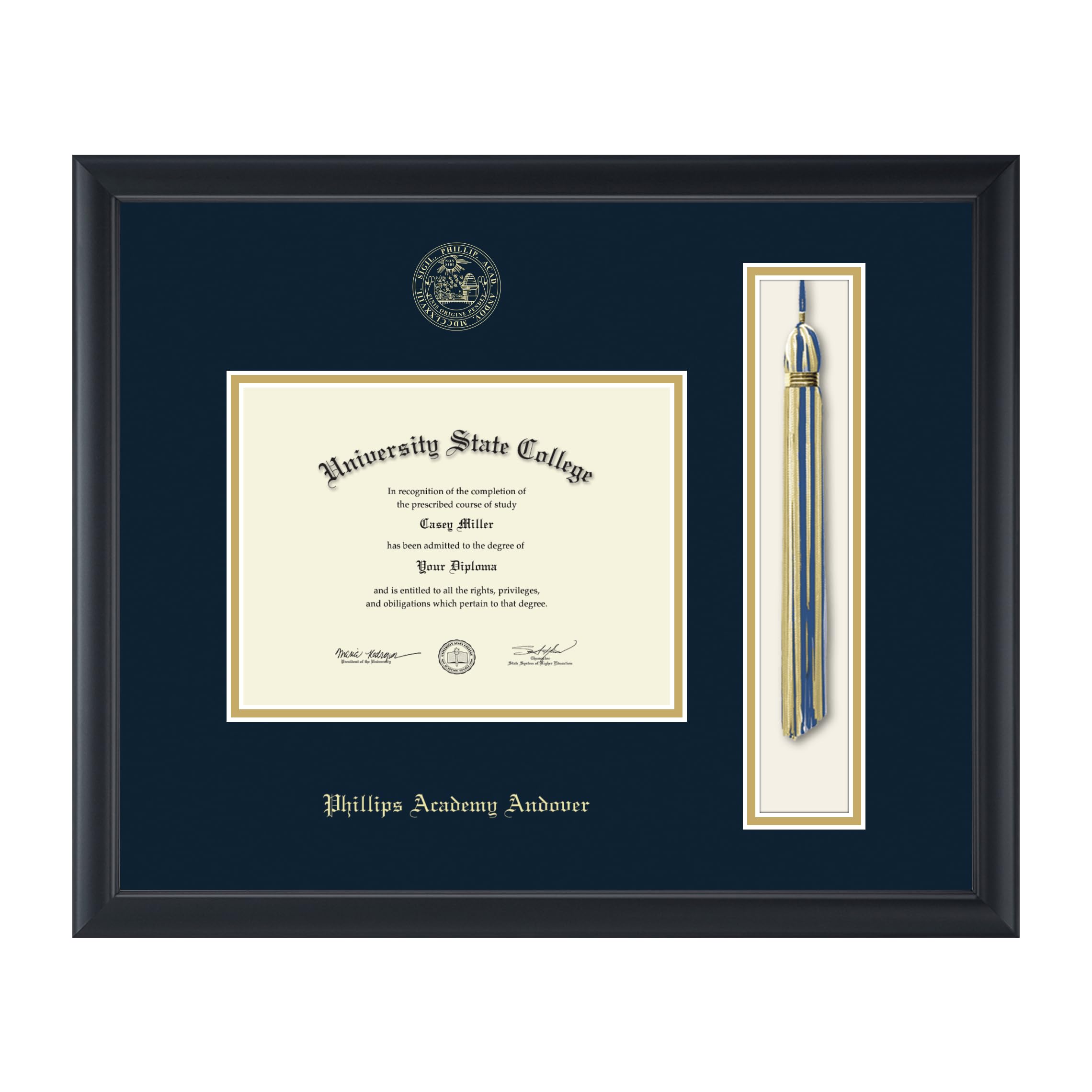 Phillips Academy Andover 8x6 Inch Diploma Frame - Gold Embossed Tassel & Cord Display for High School Graduation - Black Wood Frame with Navy & Gold Mat - Perfect for Wall Display & Graduation Gifts