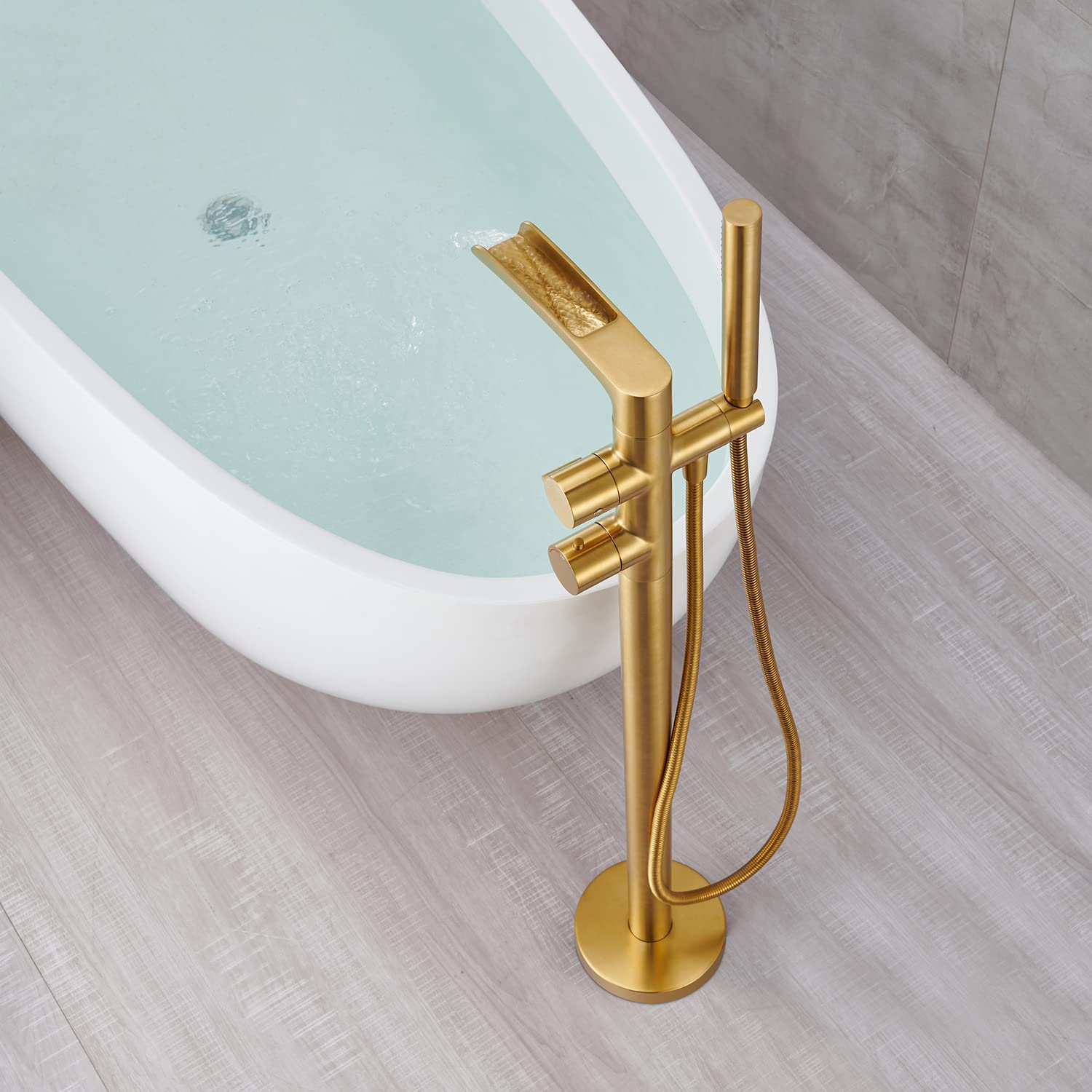 Freestanding Thermostatic Bathtub Faucet Floor Mount Waterfall Tub Filler Brushed Gold Bathroom Taps with Handheld Shower - Luxury Spa Experience for Modern Bathrooms