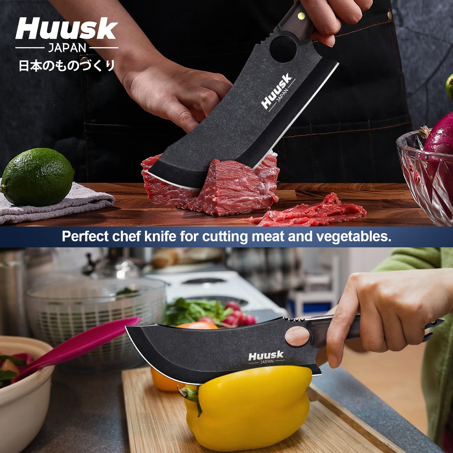 Premium Huusk Chef Knives - Professional Black Meat Cleaver with Sheath | Heavy Duty Outdoor Cooking Knife for Camping, BBQ & Kitchen Use | High Carbon Steel Blade for Meat Cutting & Food Prep
