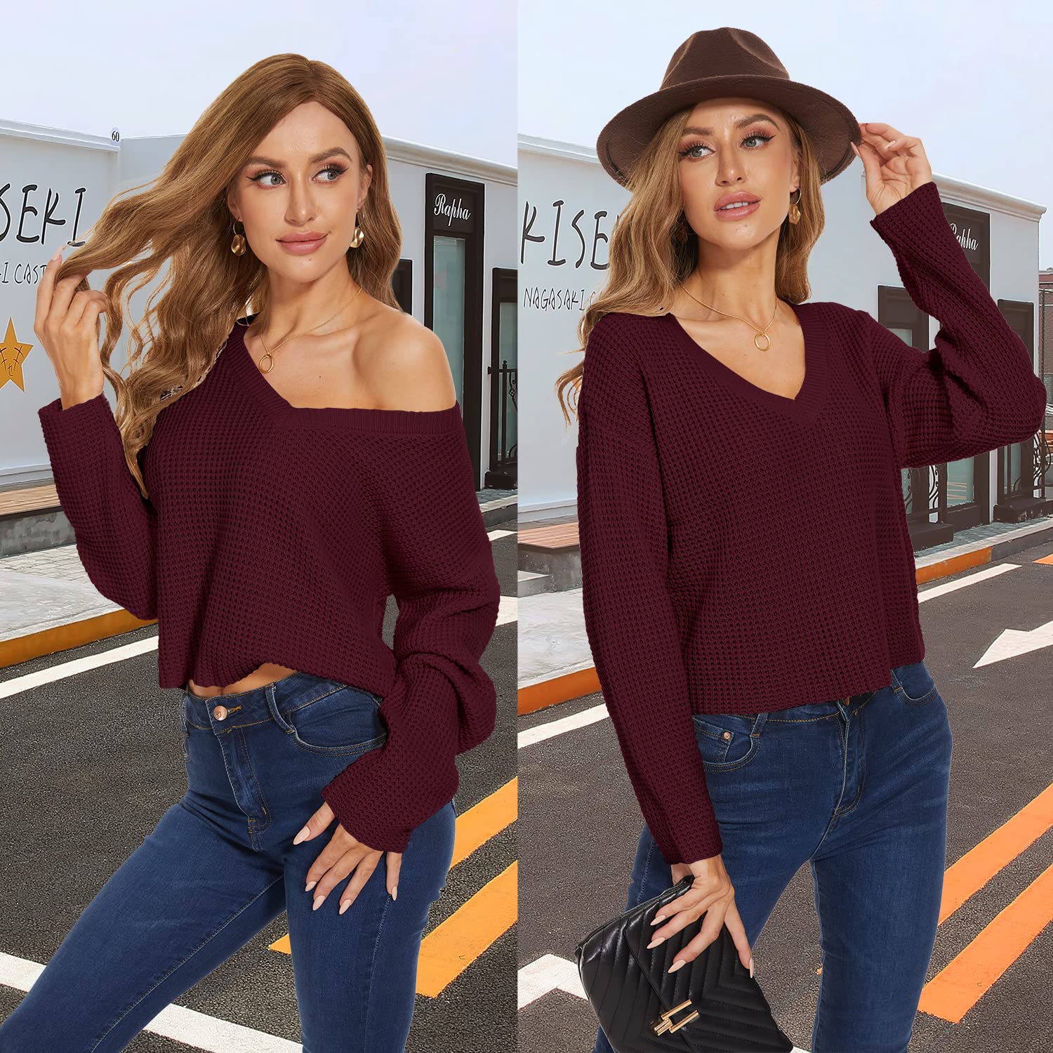 Jumppmile Women's V Neck Waffle Knit Cropped Top Long Sleeve Pullover Sweater - Casual Fall Winter Fashion for Outfits, Date Night & Office Wear