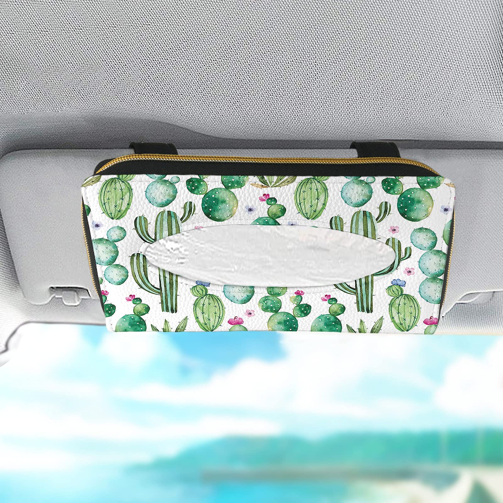 KUILIUPET Car Tissue Holder - Green Cactus Design Hanging Visor Tissue Box, PU Leather Sun Visor Napkin Holder for Backseat (2 Pack) | Perfect for Road Trips, Commuting & Family Car Rides