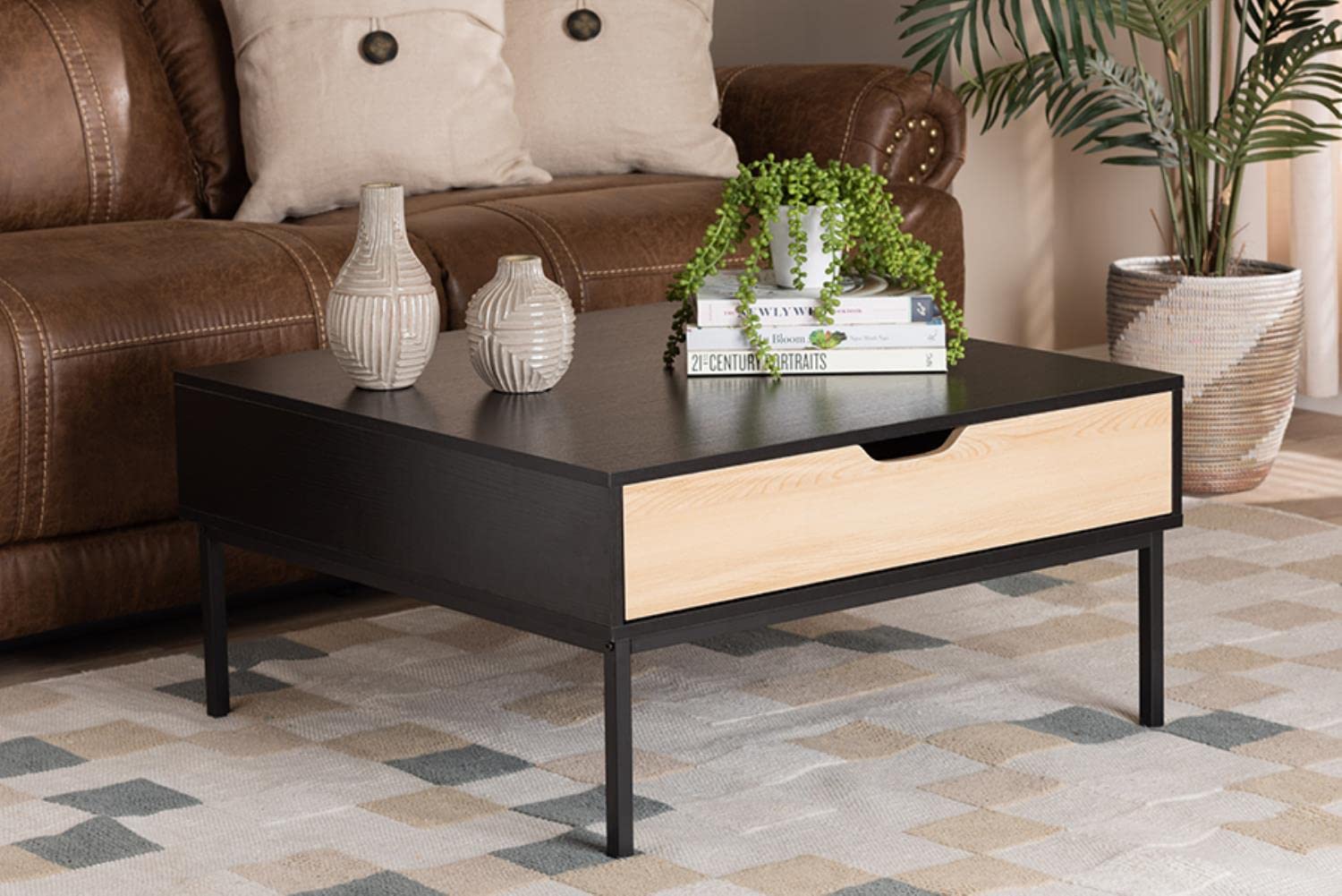 Baxton Studio Haben Modern Two-Tone Oak Coffee Table - Brown & Black Wood Finish for Living Room, Lounge & Office Decor