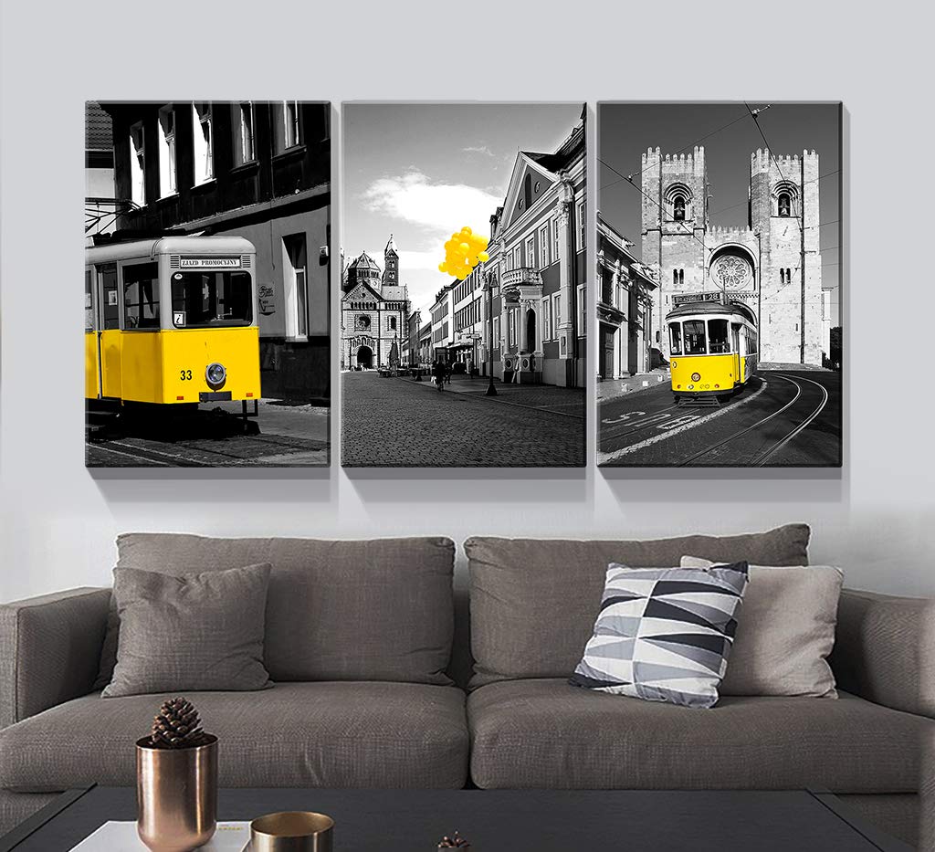 Denozer - 3 Panel Modern Black and White Urban Canvas Wall Art - Stretched & Framed Ready to Hang - 16x24 Inches - Home Decor for Living Room, Bedroom & Office