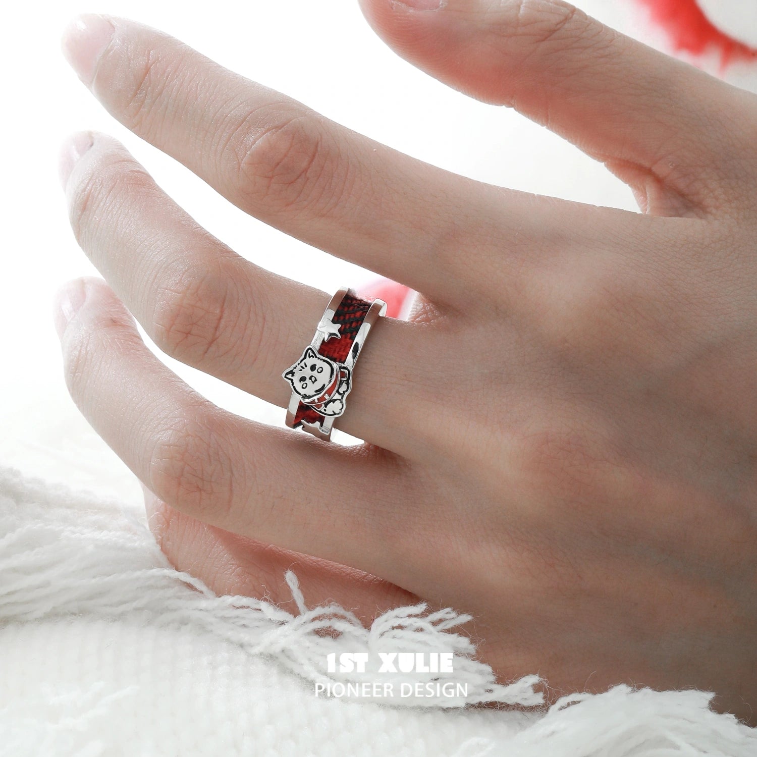 2024 Christmas Kitten & Puppy S925 Sterling Silver Adjustable Tartan Rings - Perfect Holiday Gift for Pet Lovers, Couples & Friends - Great for Christmas Parties, Stocking Stuffers & Festive Jewelry Gifts