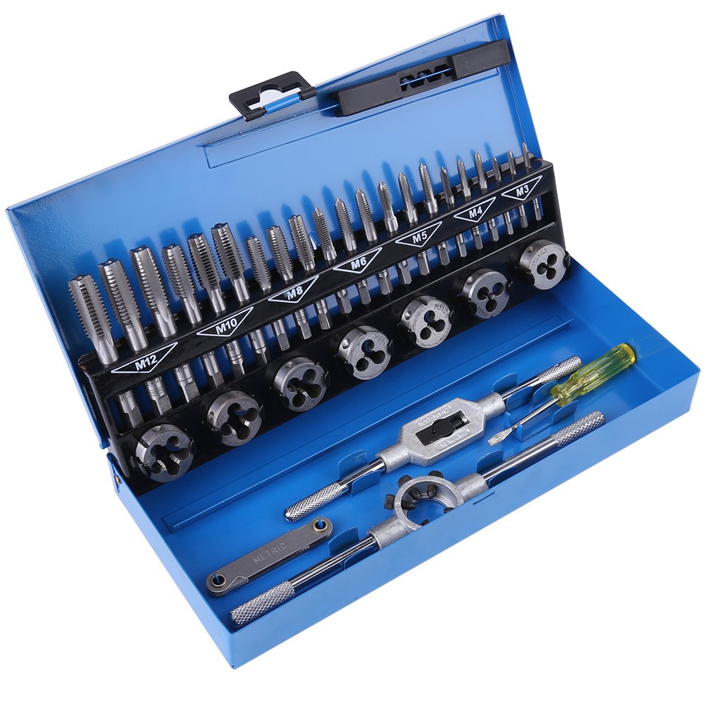 M3-M12 Alloy Steel Tap and Die Set (32pcs) - Coarse Pitch Thread Taping Tool Kit with Wrench & Thread Gauge - Professional Metalworking Hand Tools for DIY, Automotive Repair & Plumbing Projects