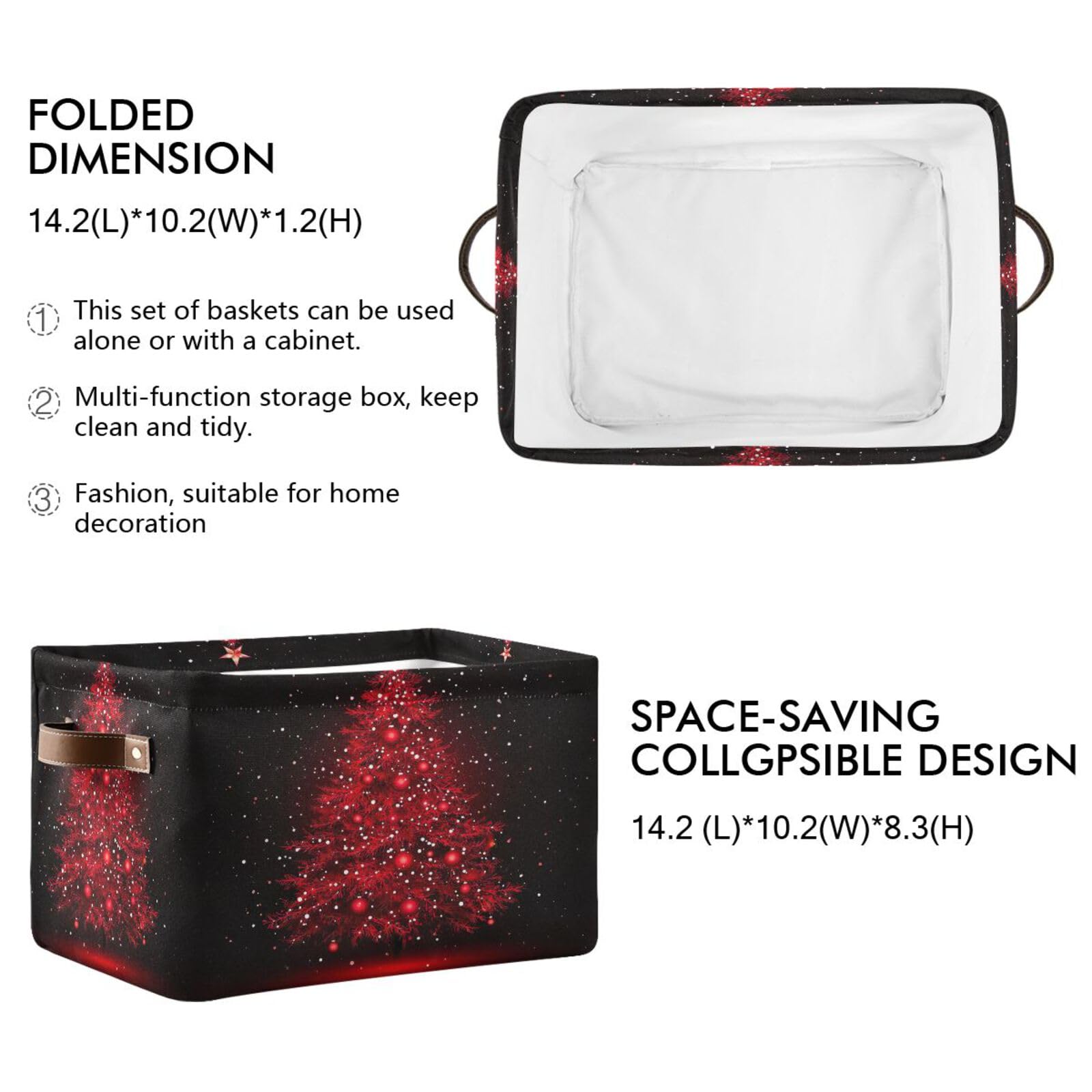 Joisal Red Christmas Tree Fabric Storage Bins 2-Pack - 14x10x8 Inch Large Closet Organizers with Handles - Perfect for Holiday Decor Storage, Shelving Organization & Bedroom Closet